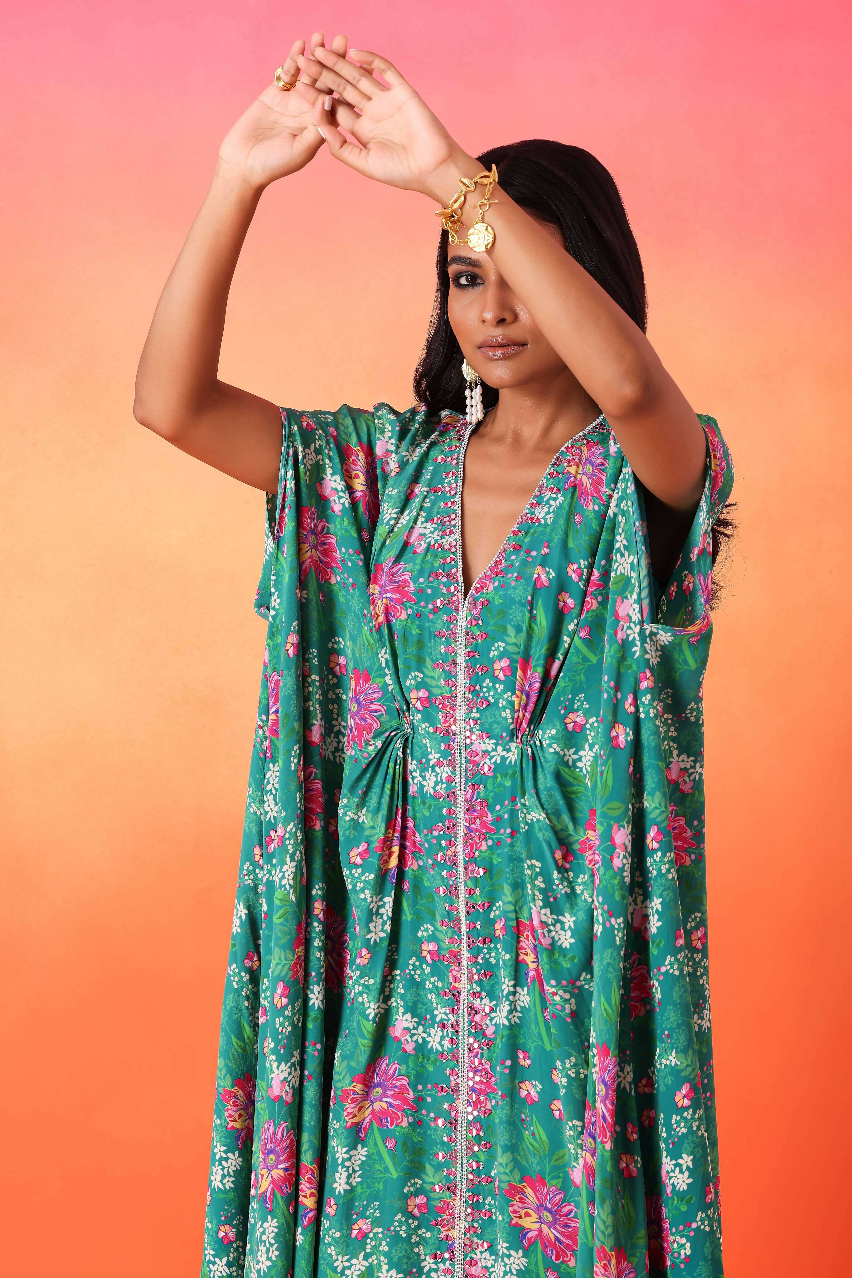 Emerald Green Floral Printed Kaftan