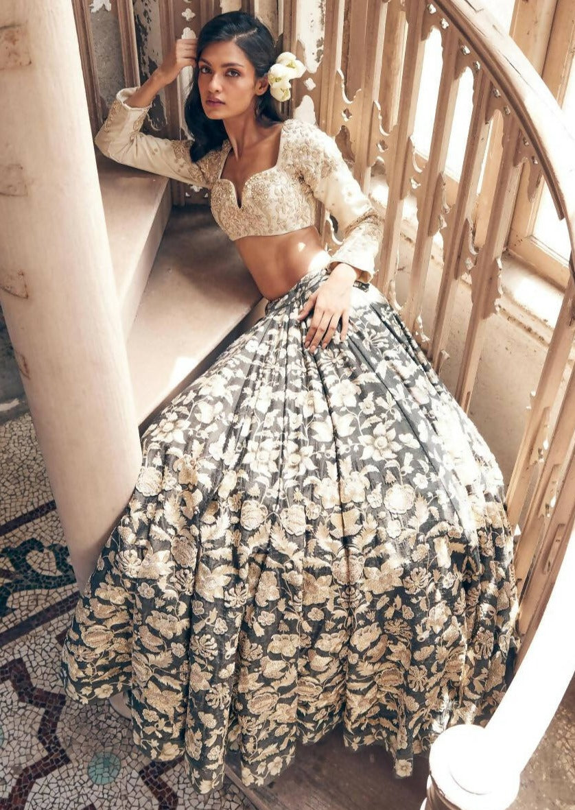 Black Vintage Floral Lehenga Set