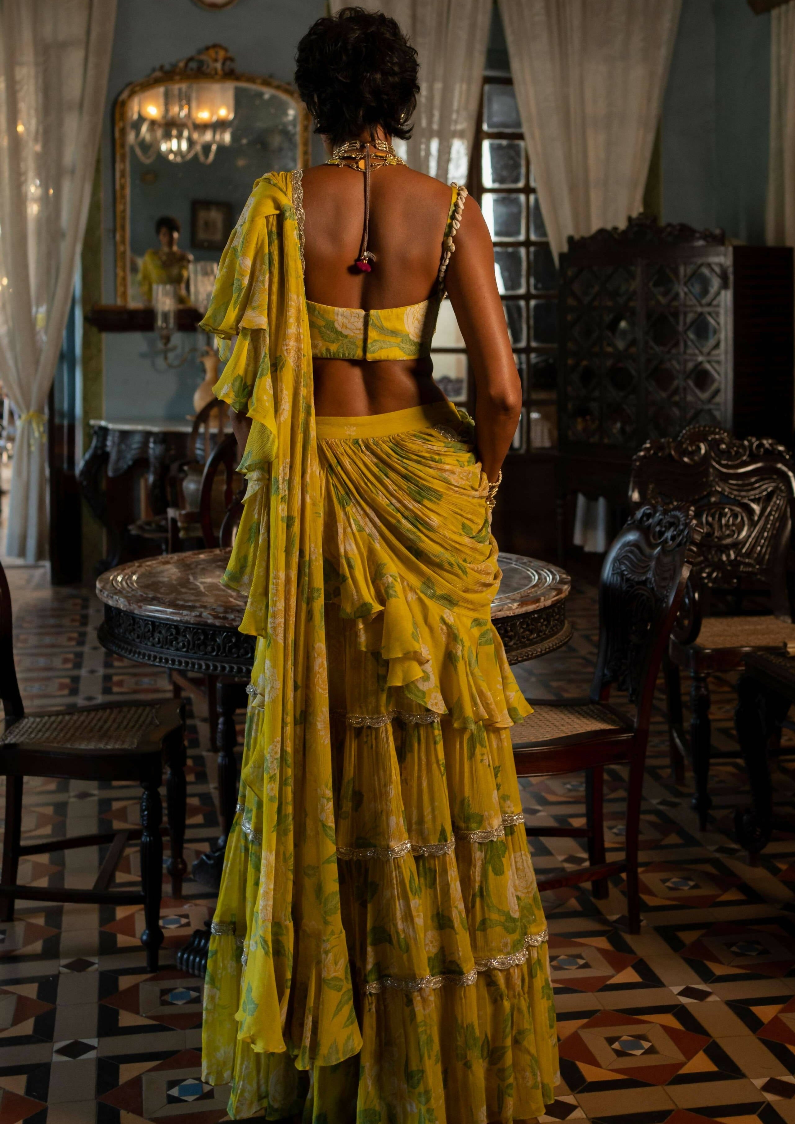 Yellow Mint Ruffle Sari Set