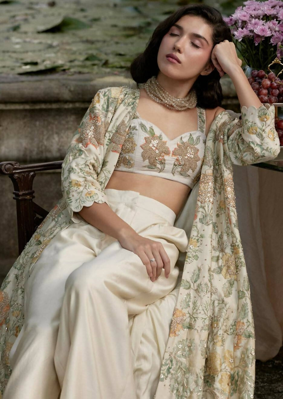 Ivory Orange Floral Jacket Set