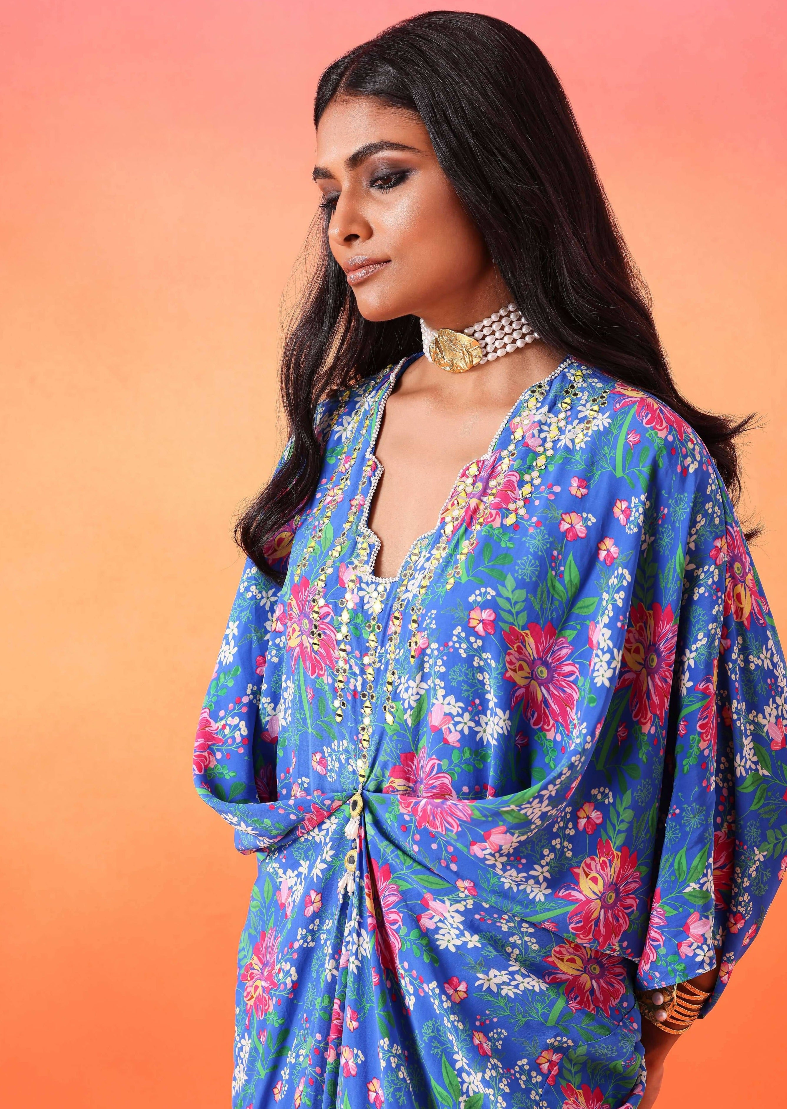 Electric Blue Floral Printed Kaftan