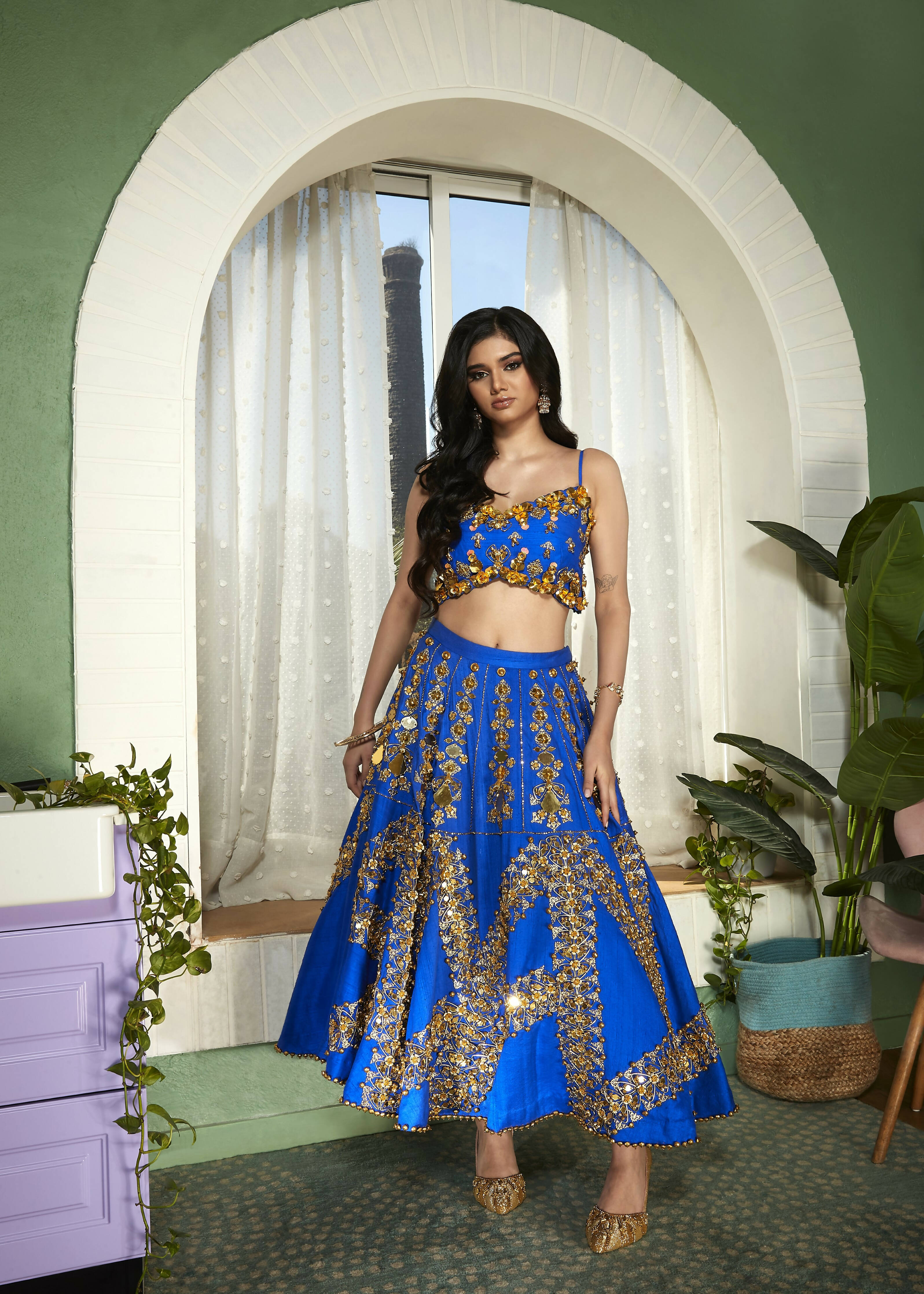 Night Bling: Electric Blue Embellished Half Lehenga