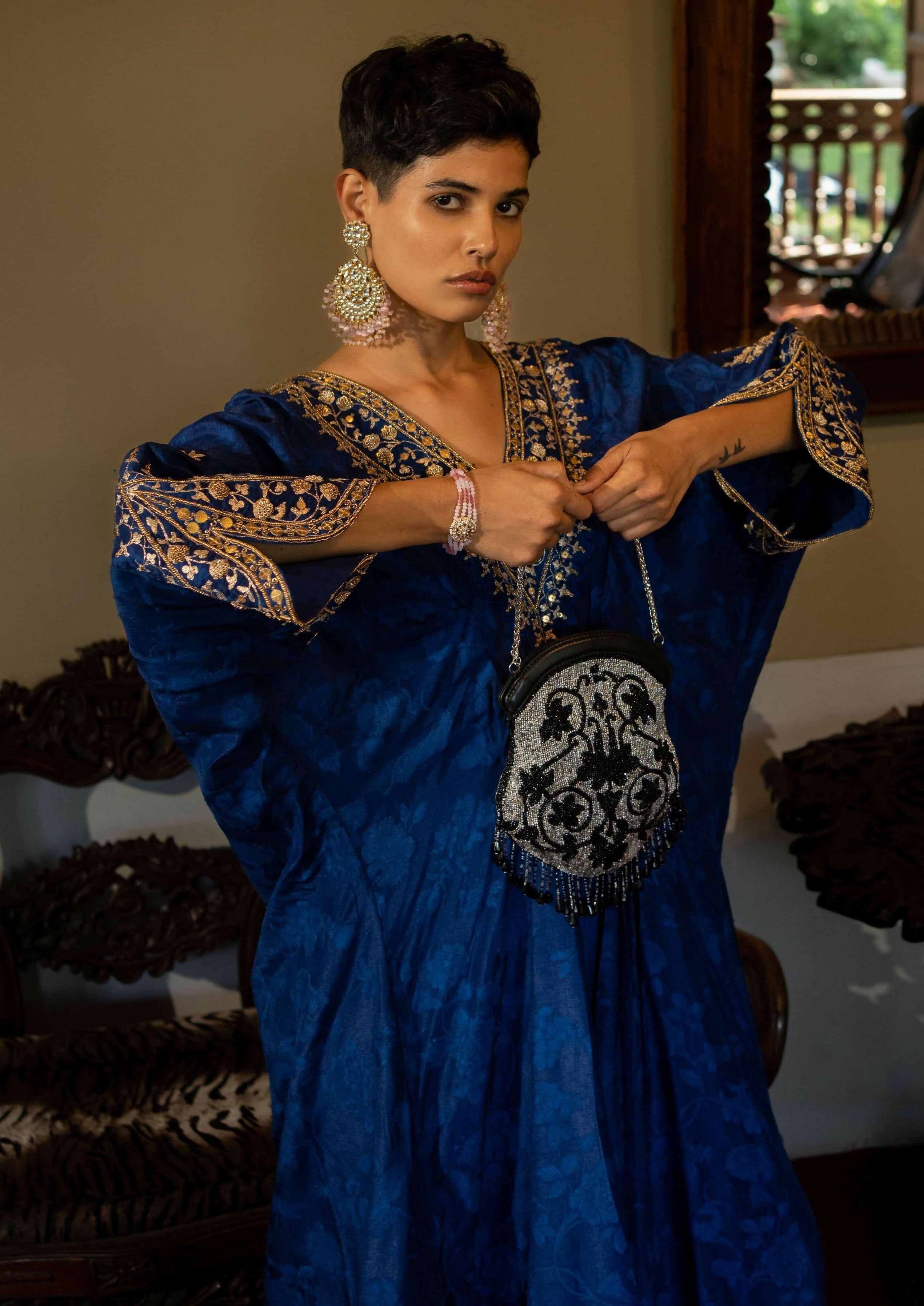 Royal Blue Self Woven Kaftan