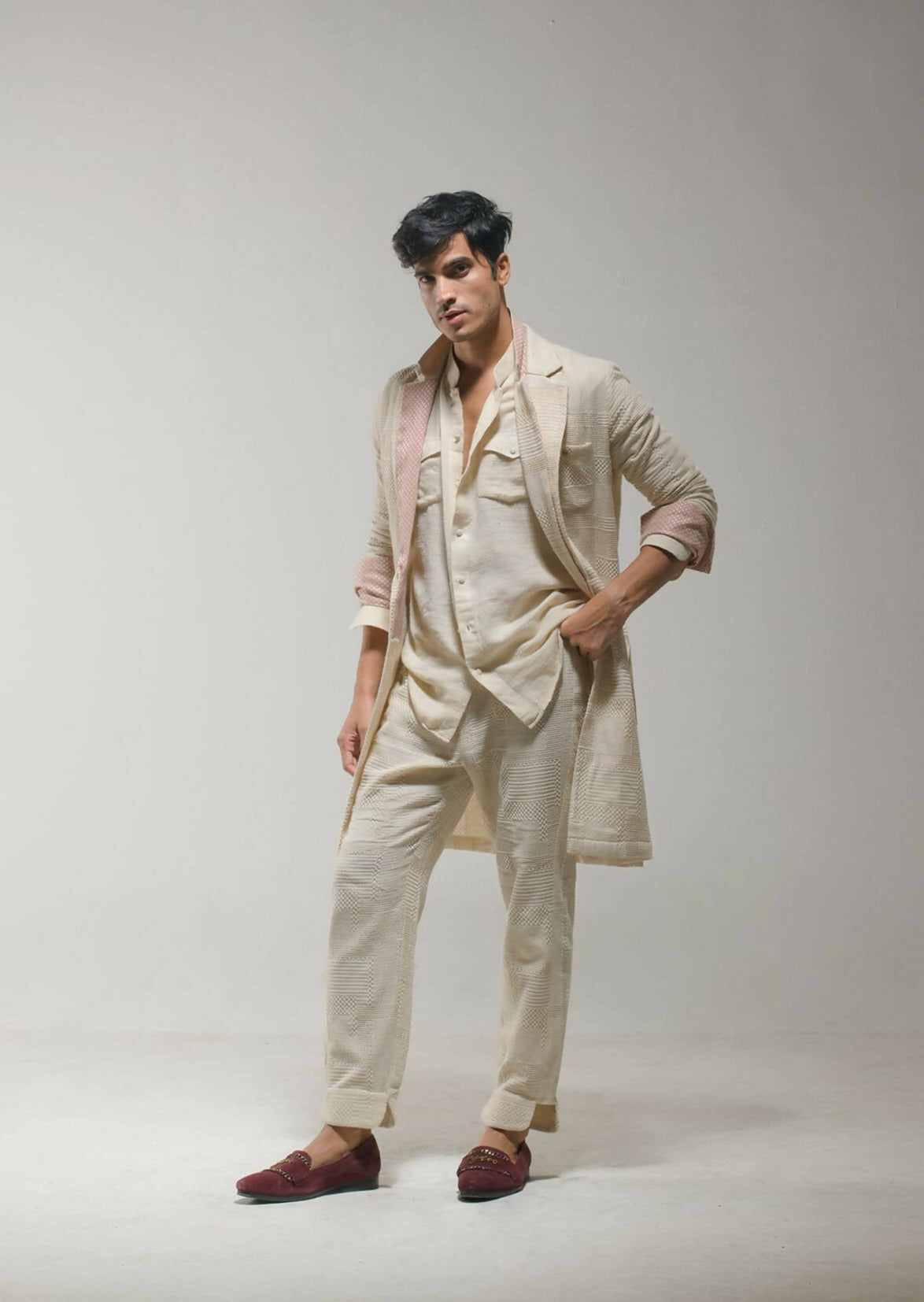 Beige Textured Overcoat