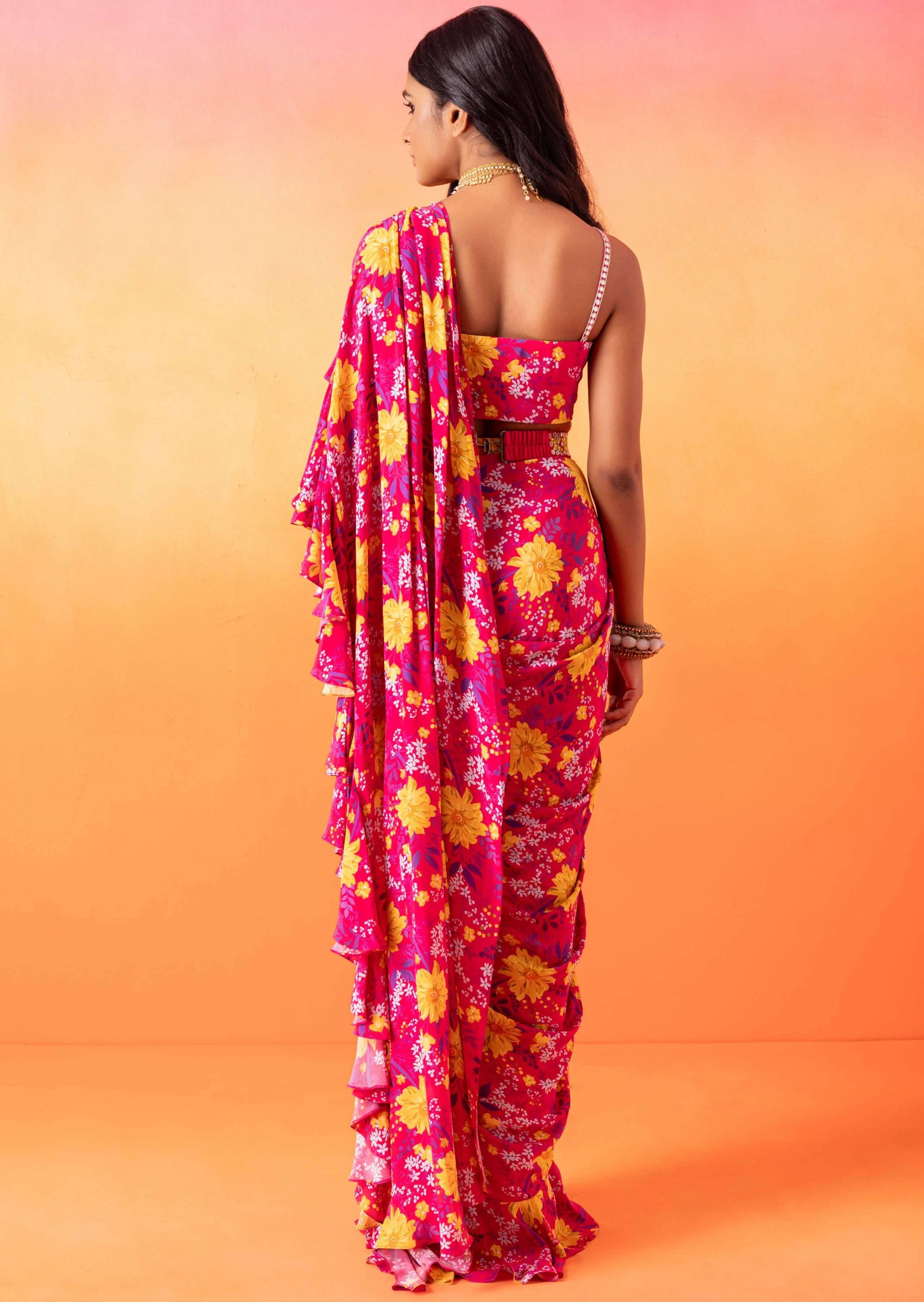 Fuschia Pink Floral Printed Ruffle Sari Set