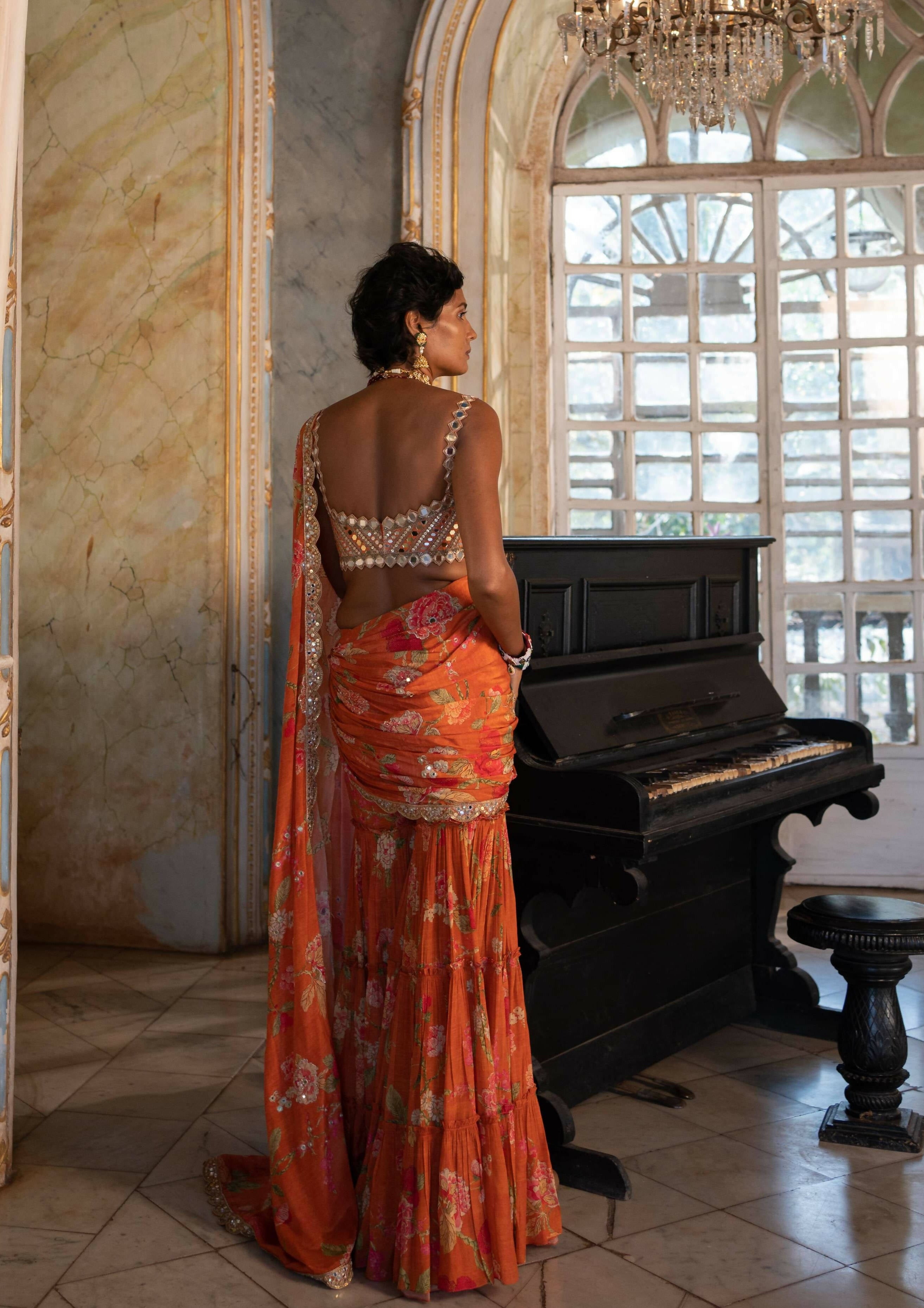 Burnt Orange Floral Sari Set