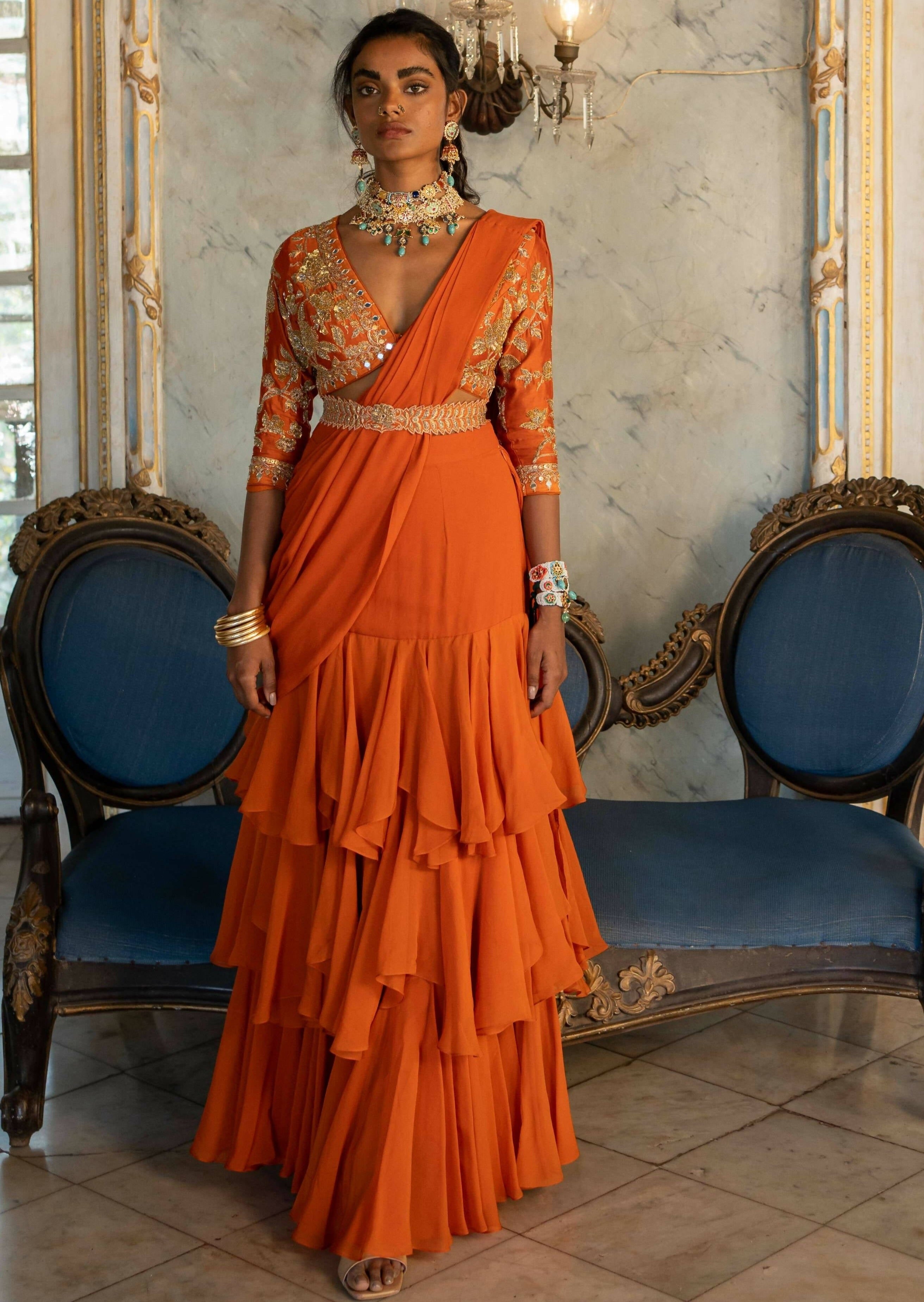 Burnt Orange Three-Layered Sari Set