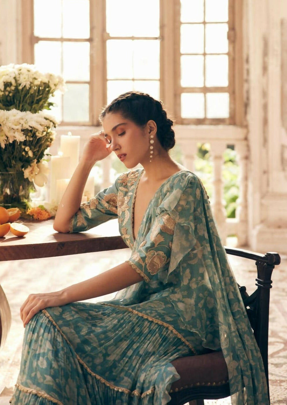 Ice Blue Vintage Floral Chiffon Sari Set