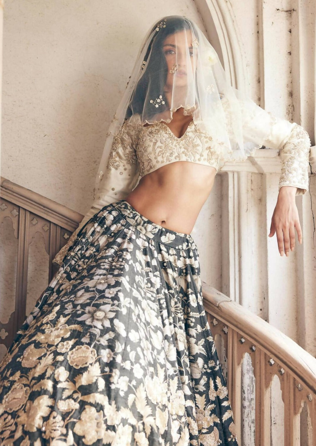 Black Vintage Floral Lehenga Set