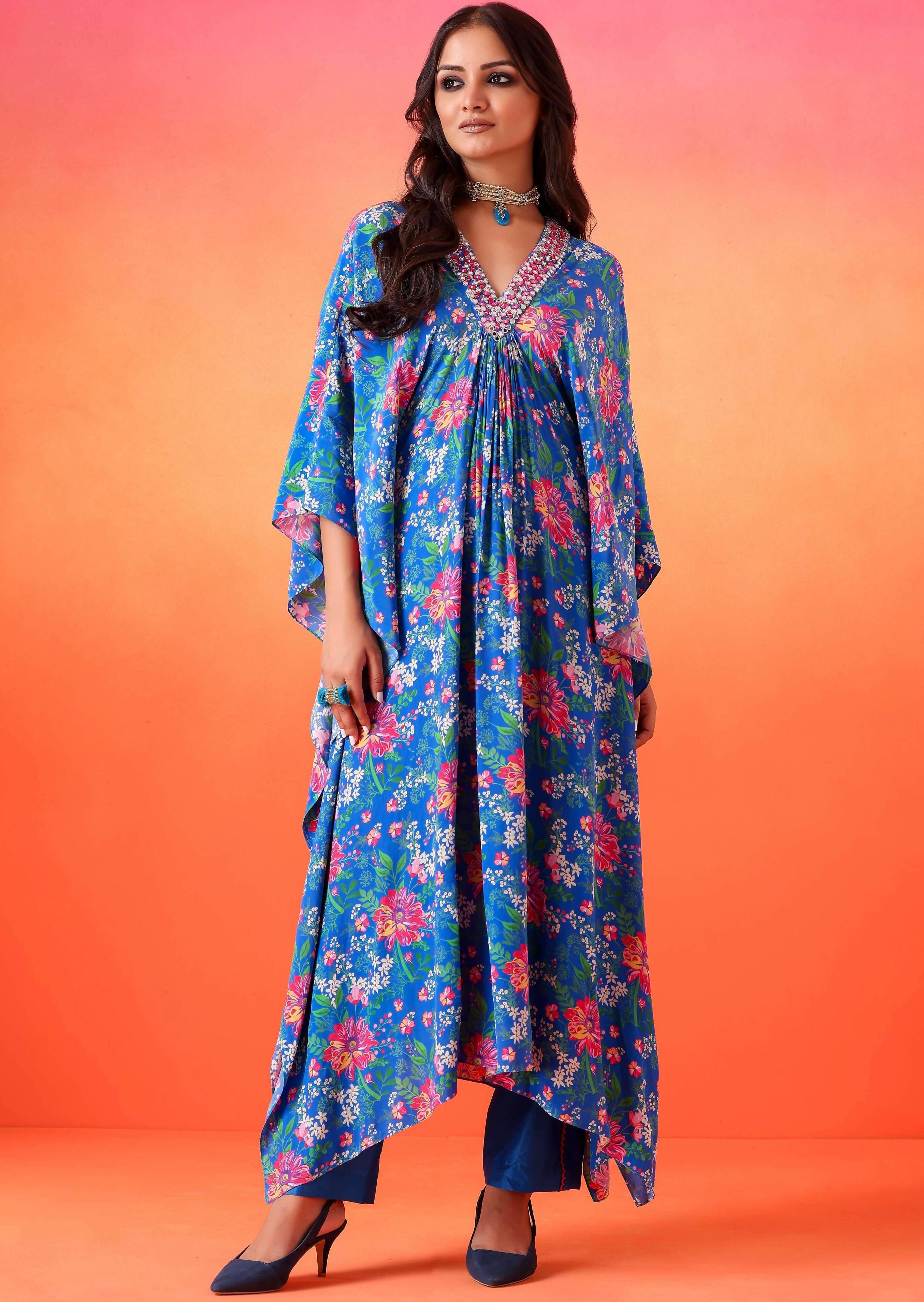 Electric Blue Floral Printed Kaftan with Pants