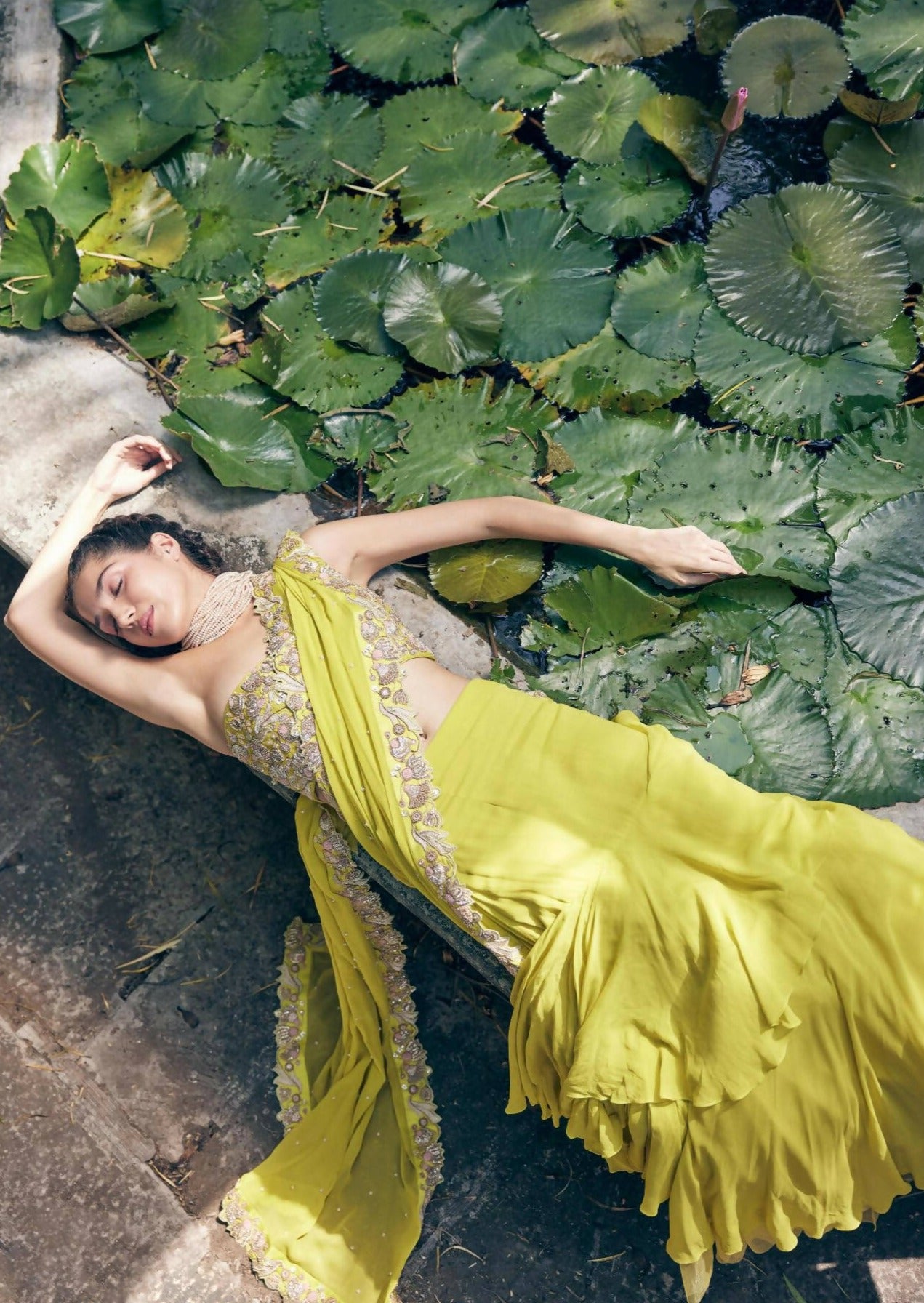 Lime Yellow Pre-Stitched Sari Set