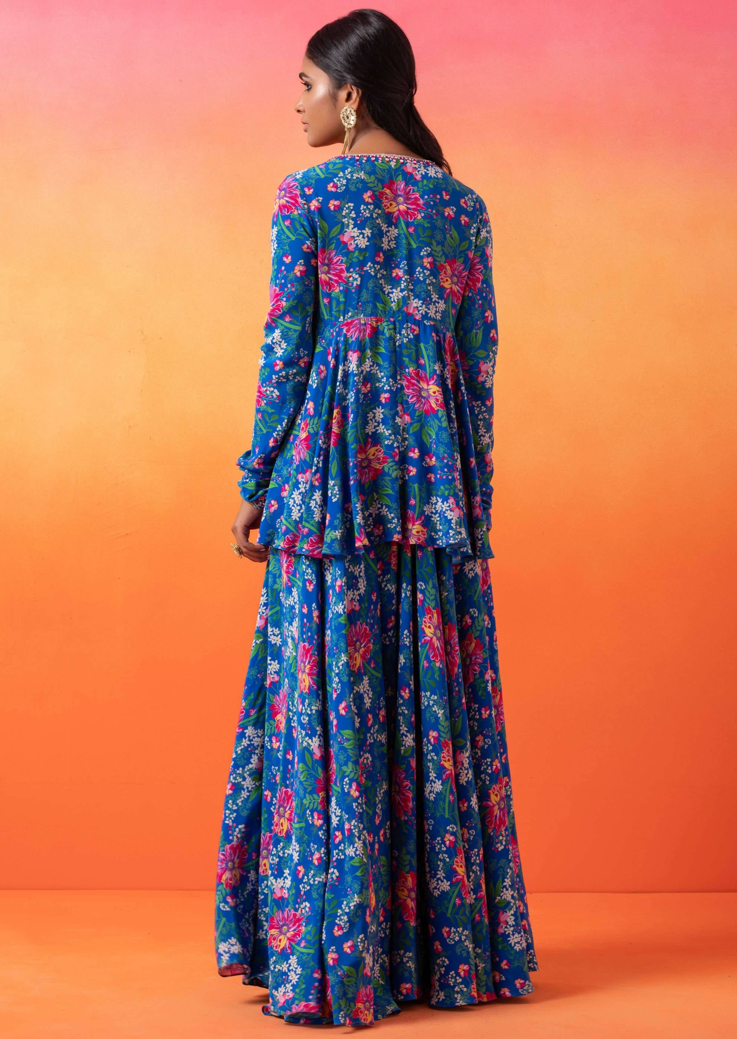 Electric Blue Floral Peplum Sharara Set