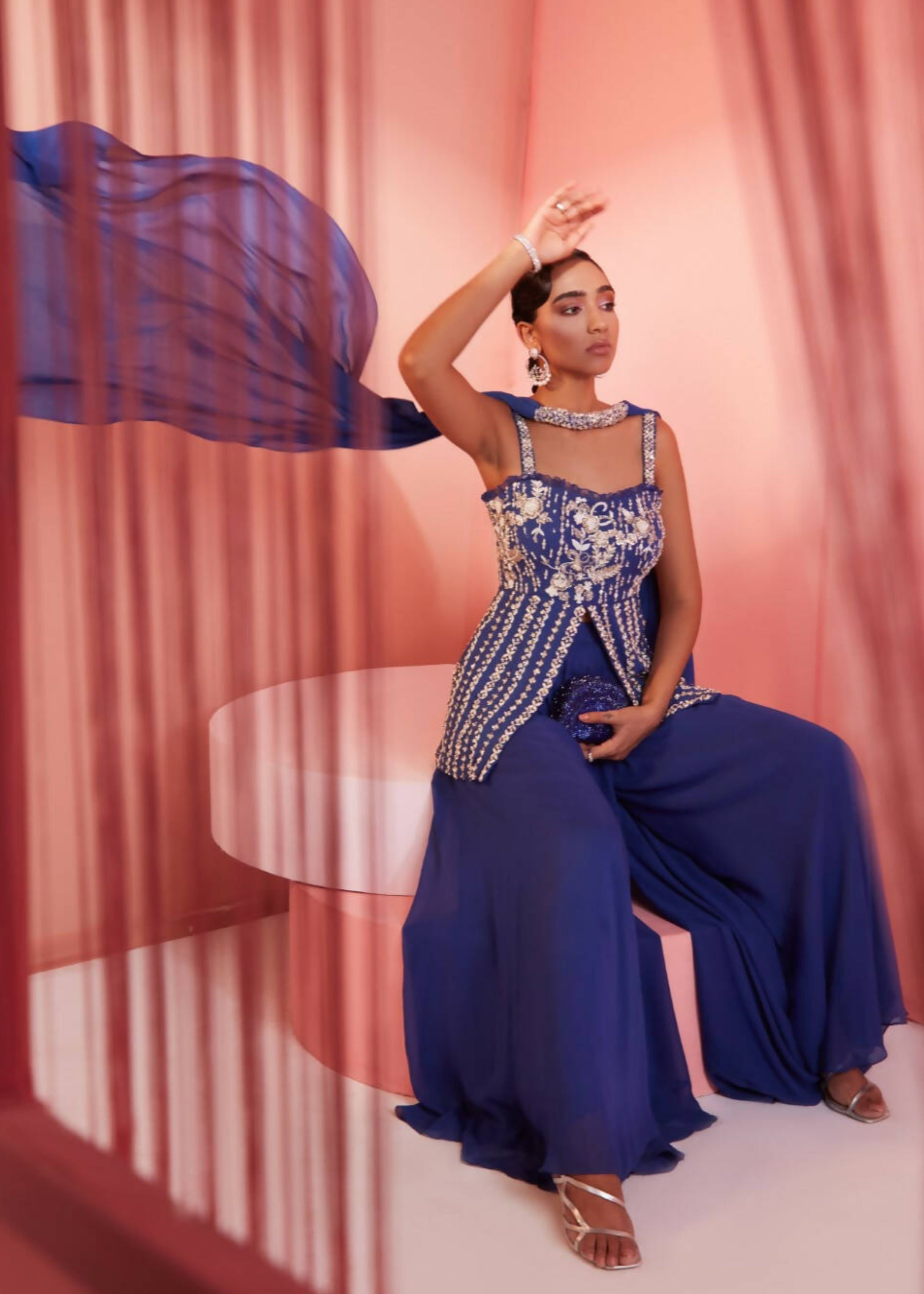 Ink Blue Peplum Kurta and Palazzo Set