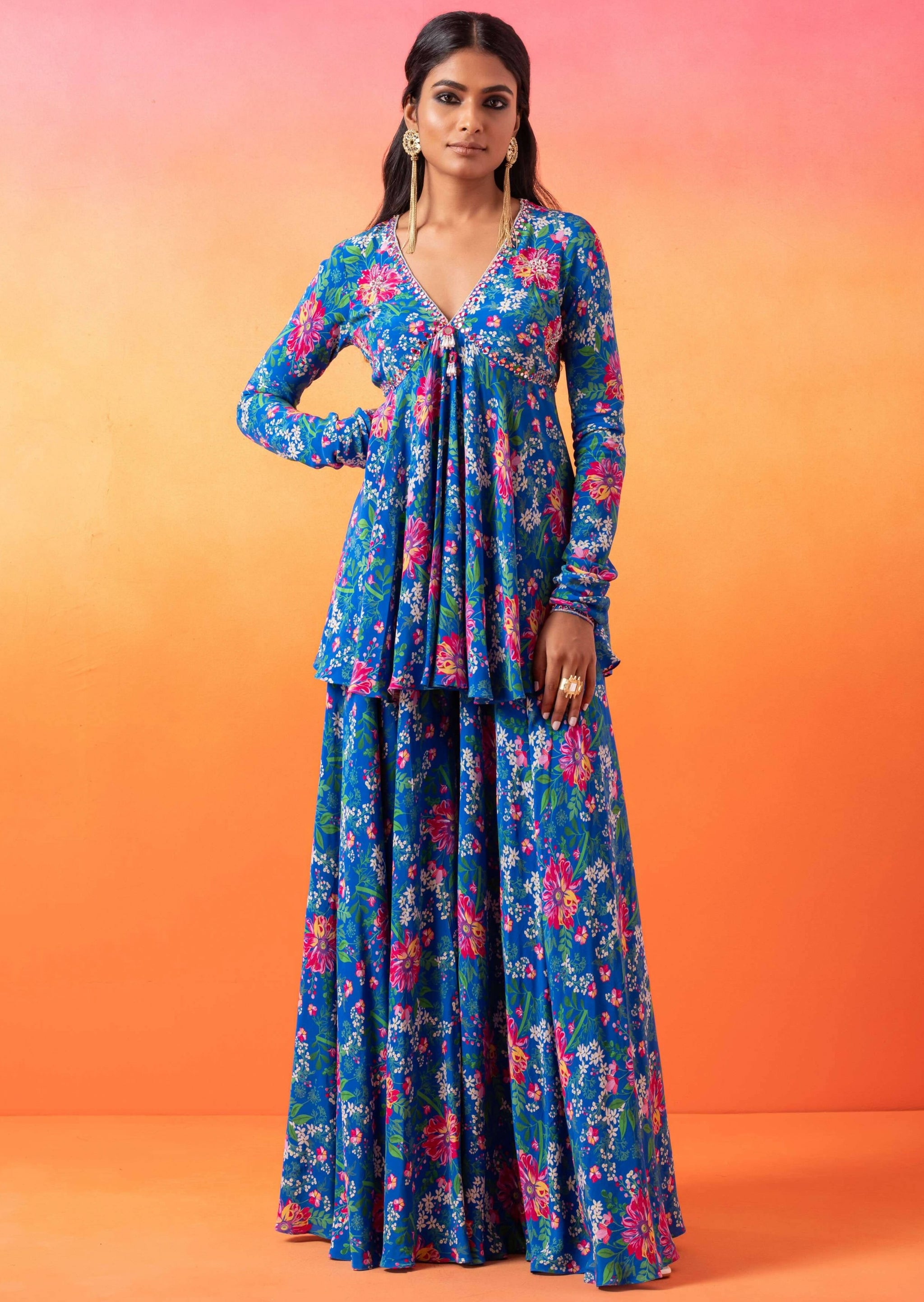 Blue Peplum Top and Sharara Set With Organza Dupatta main image 0