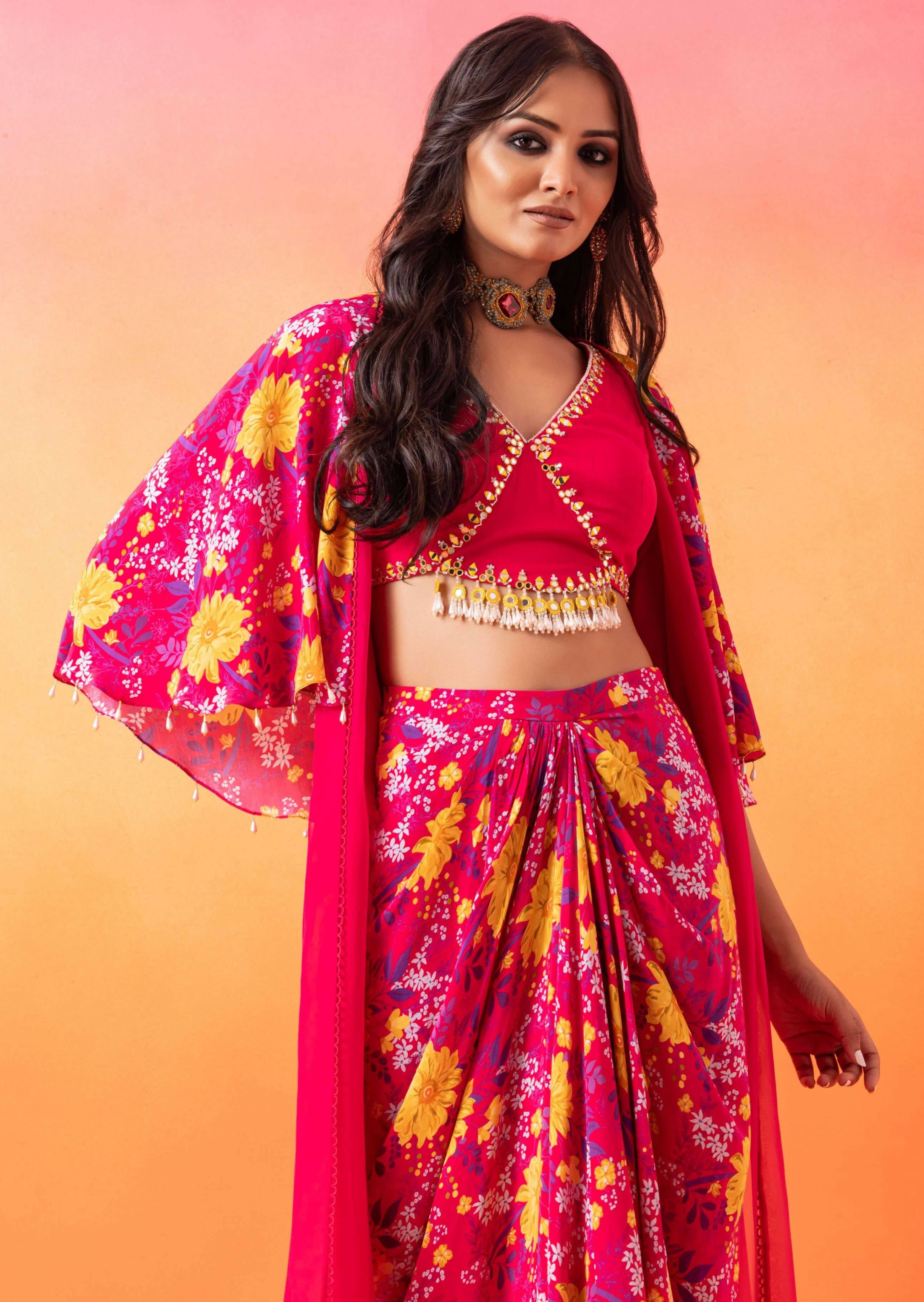 Fuschia Pink Floral Skirt Set