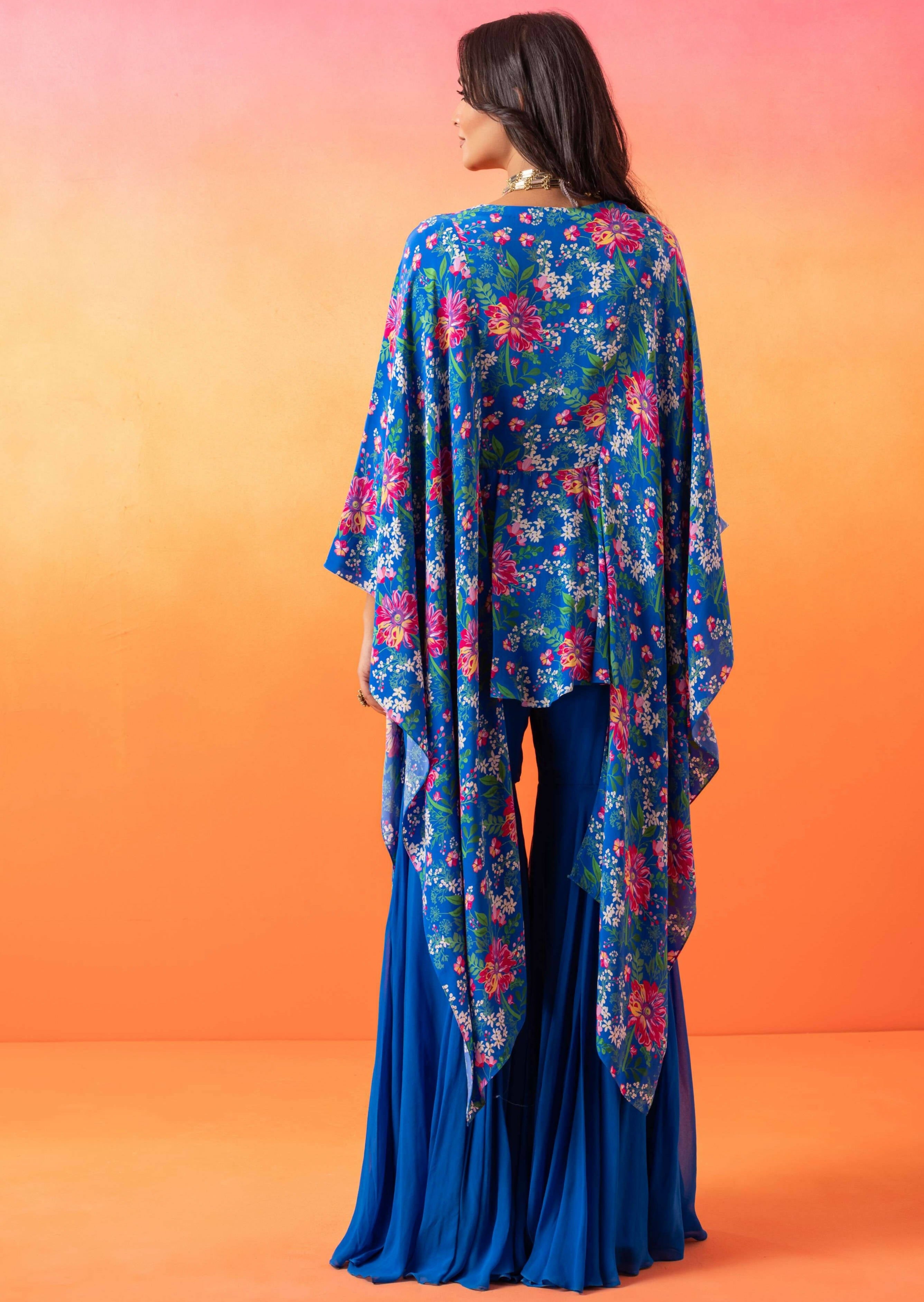 Electric Blue Floral Kaftan Top and Gharara