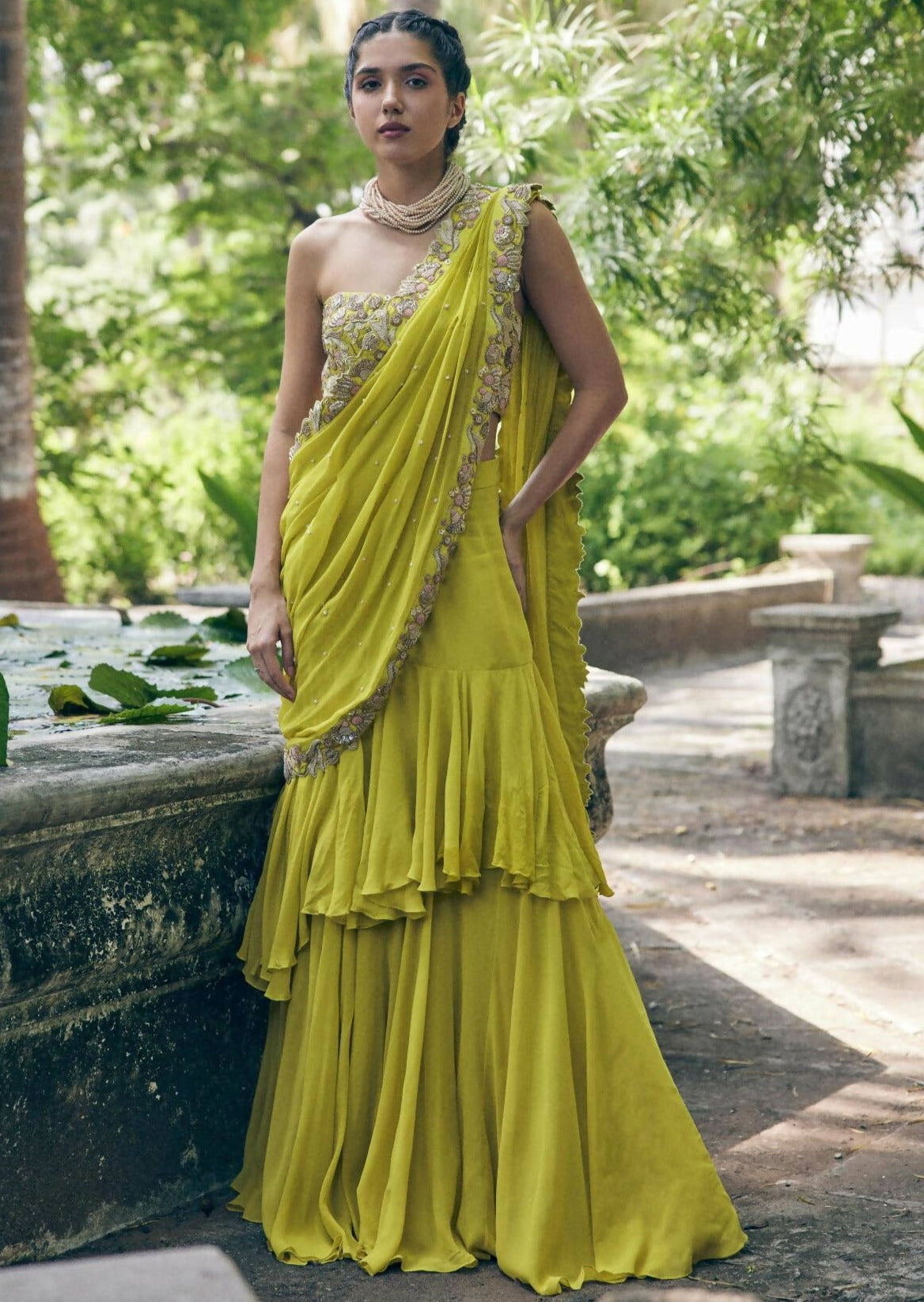 Lime Yellow Pre-Stitched Sari Set