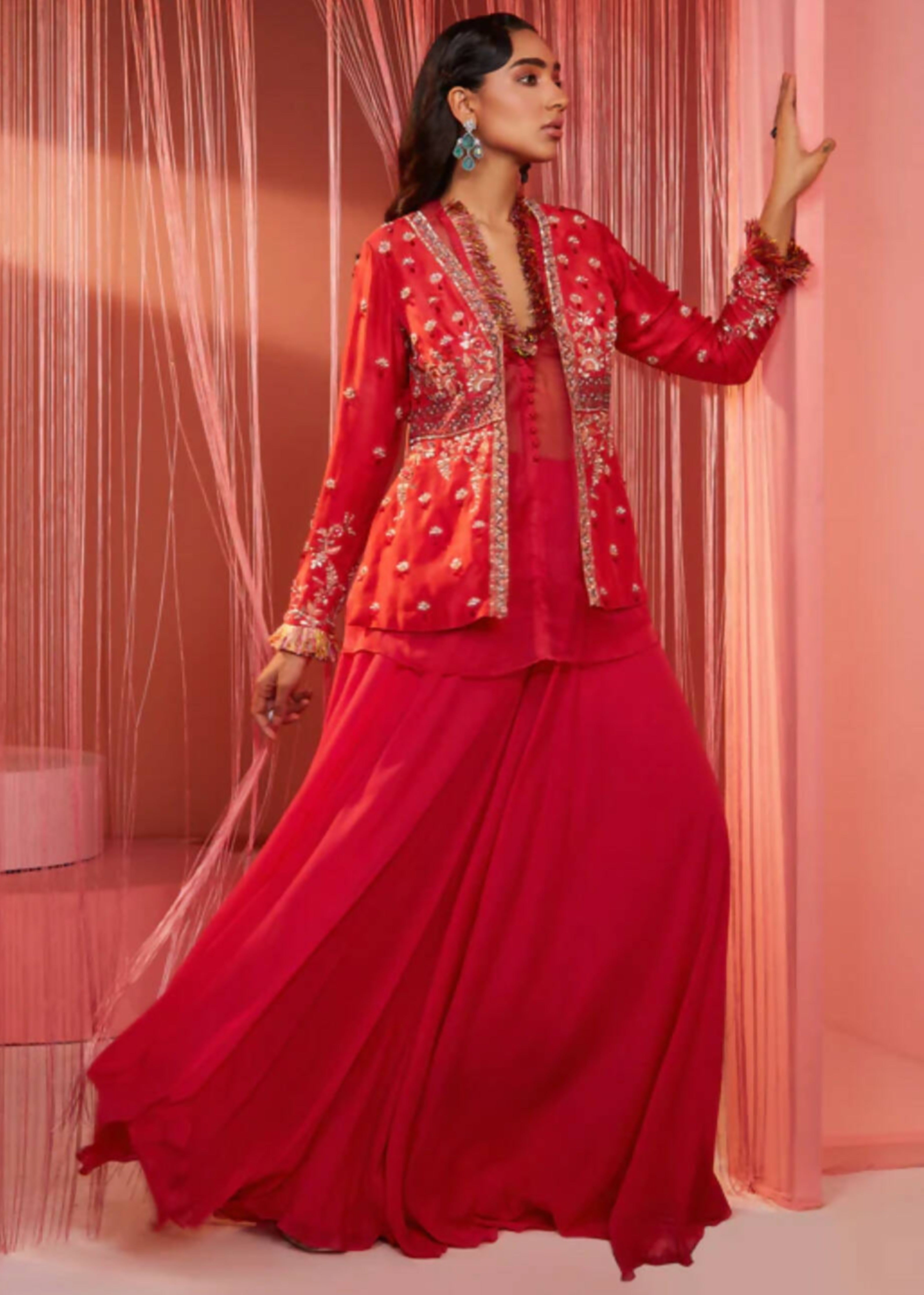 Coral Red Peplum Jacket with Palazzo Set
