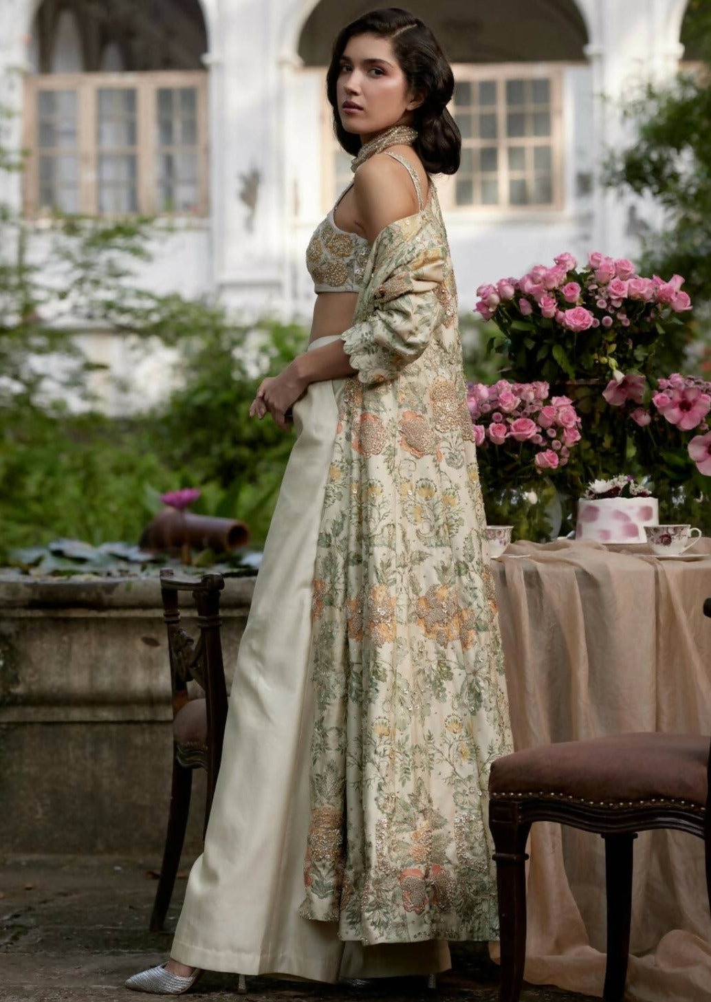 Ivory Orange Floral Jacket Set