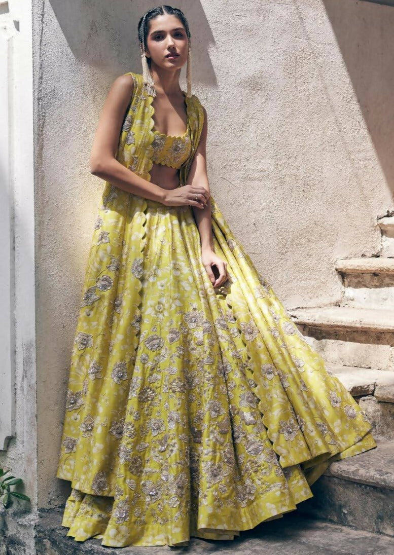 Lime Yellow Vintage Floral Lehenga Jacket Set