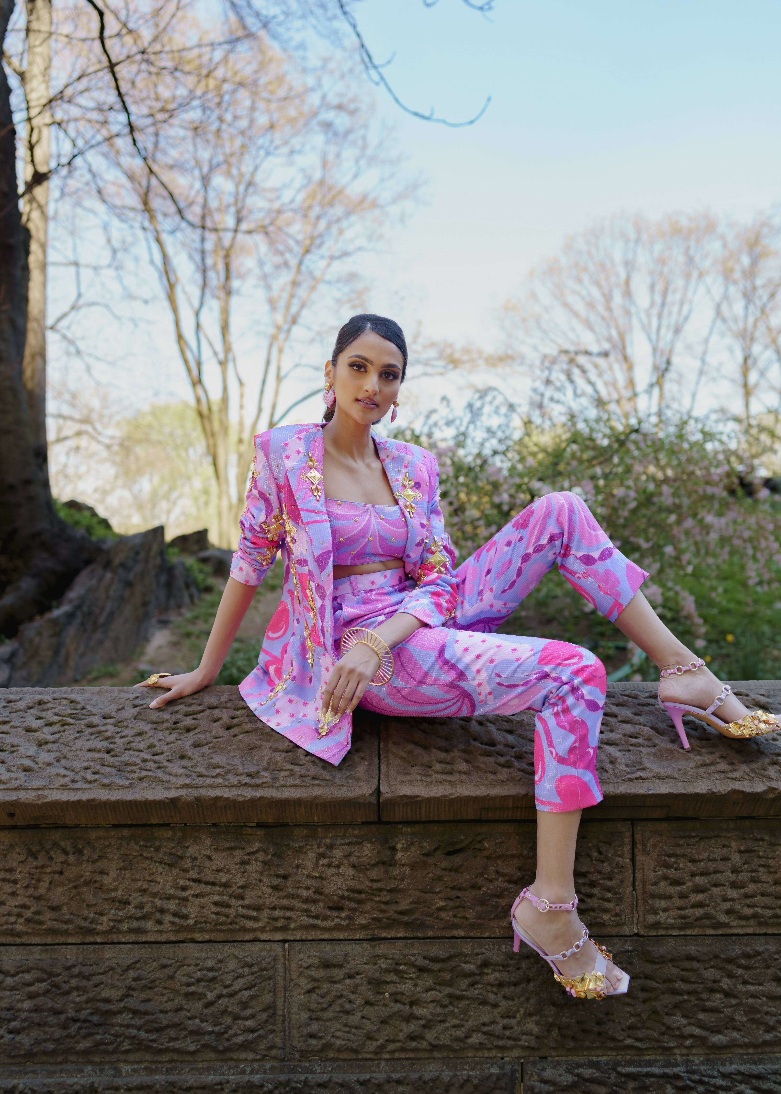 Living Coral: Lilac and Hot Pink Sequin Printed Pant Suit Set