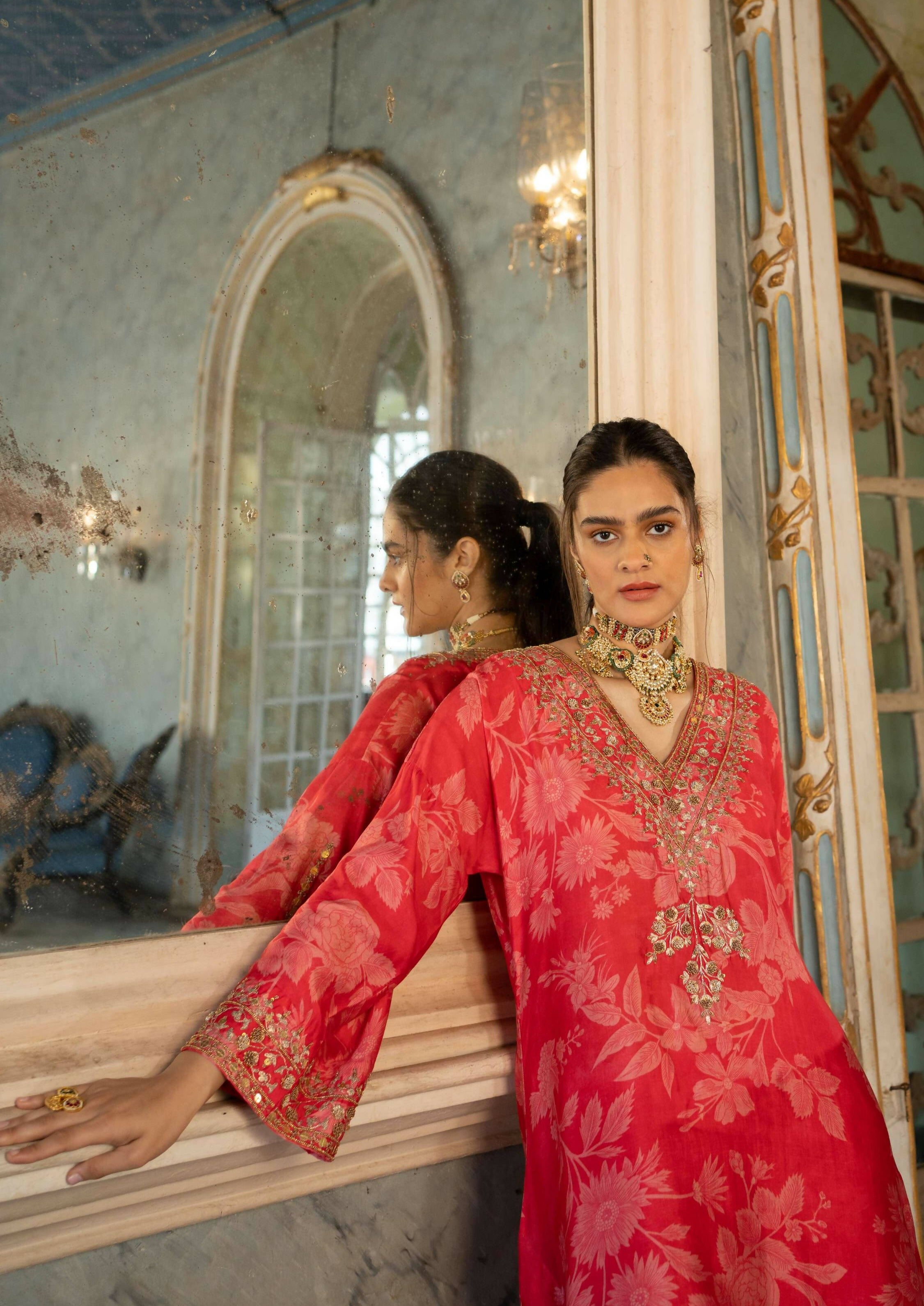 Red Mono Floral Kurta Set