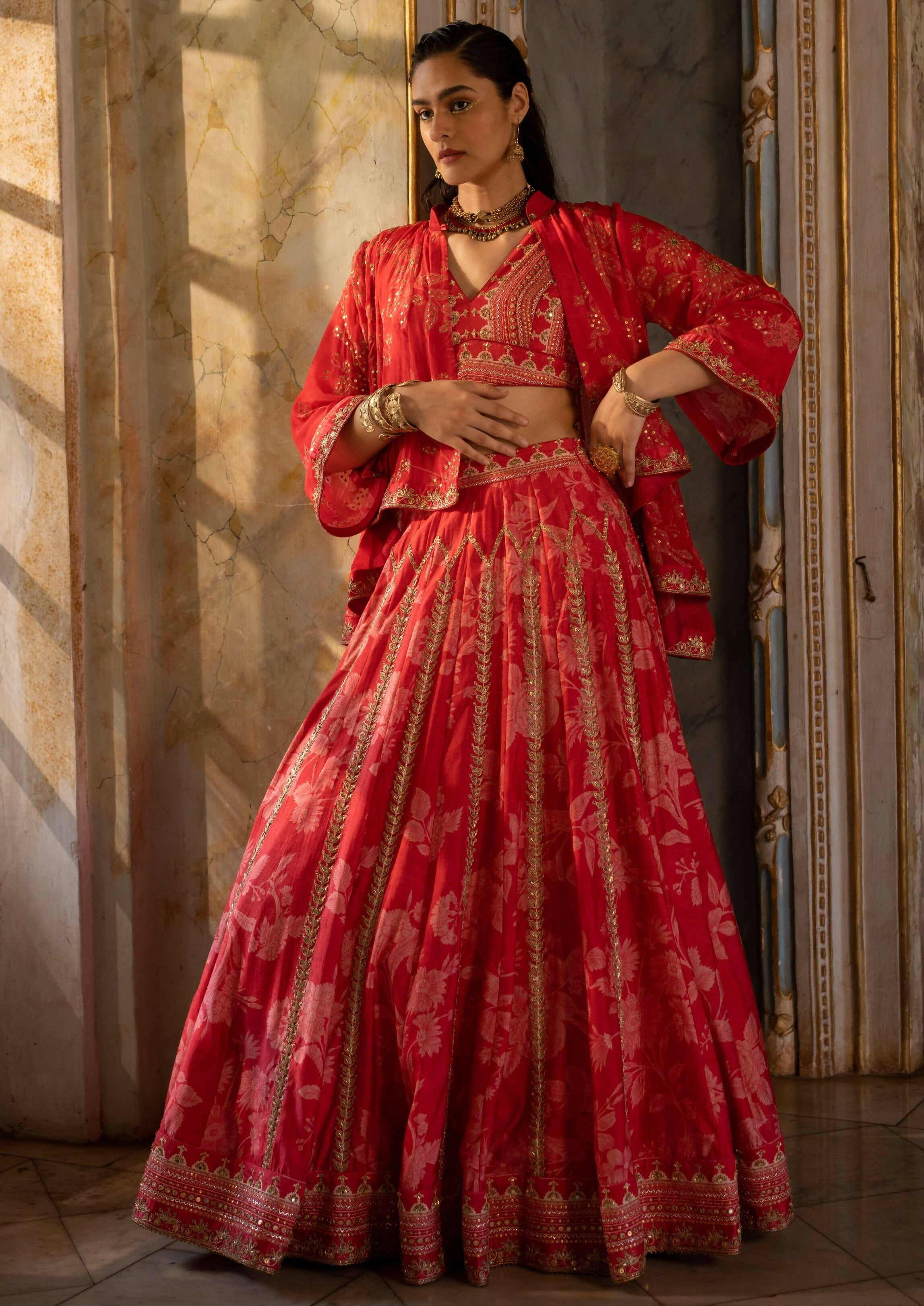 Red Mono Floral Lehenga Set