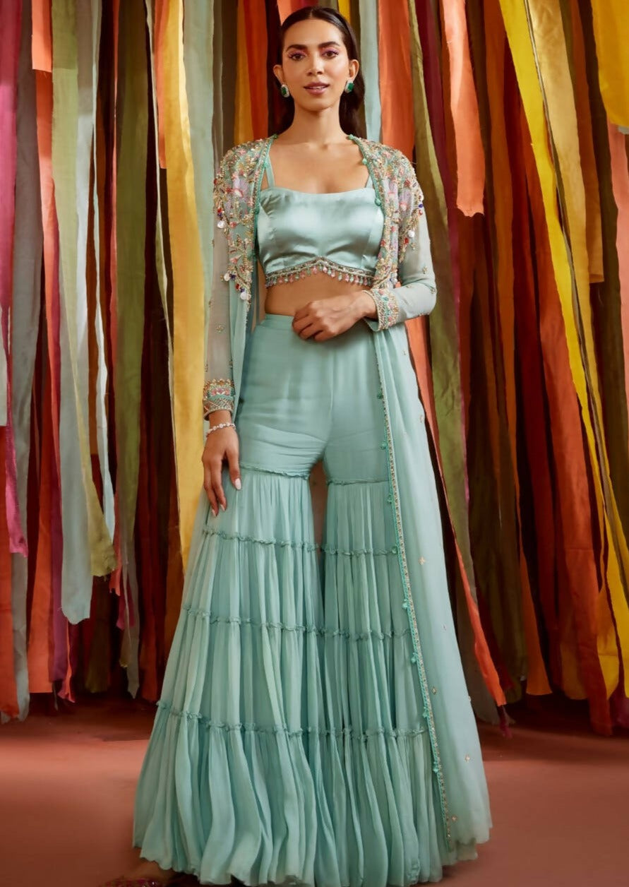 Mint Green Cape and Sharara Set
