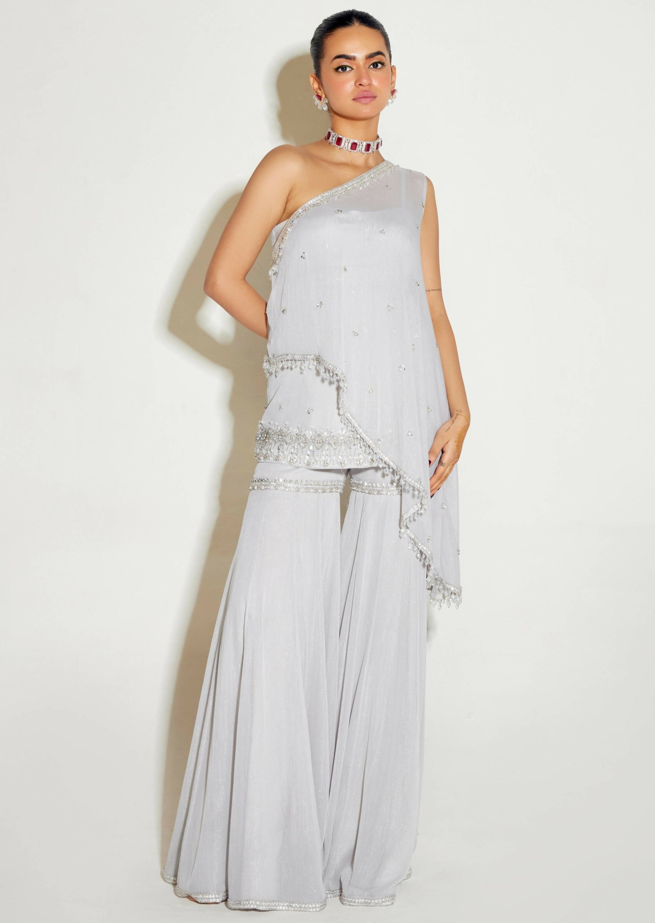 Grey One-Shoulder Cape and Sharara Set