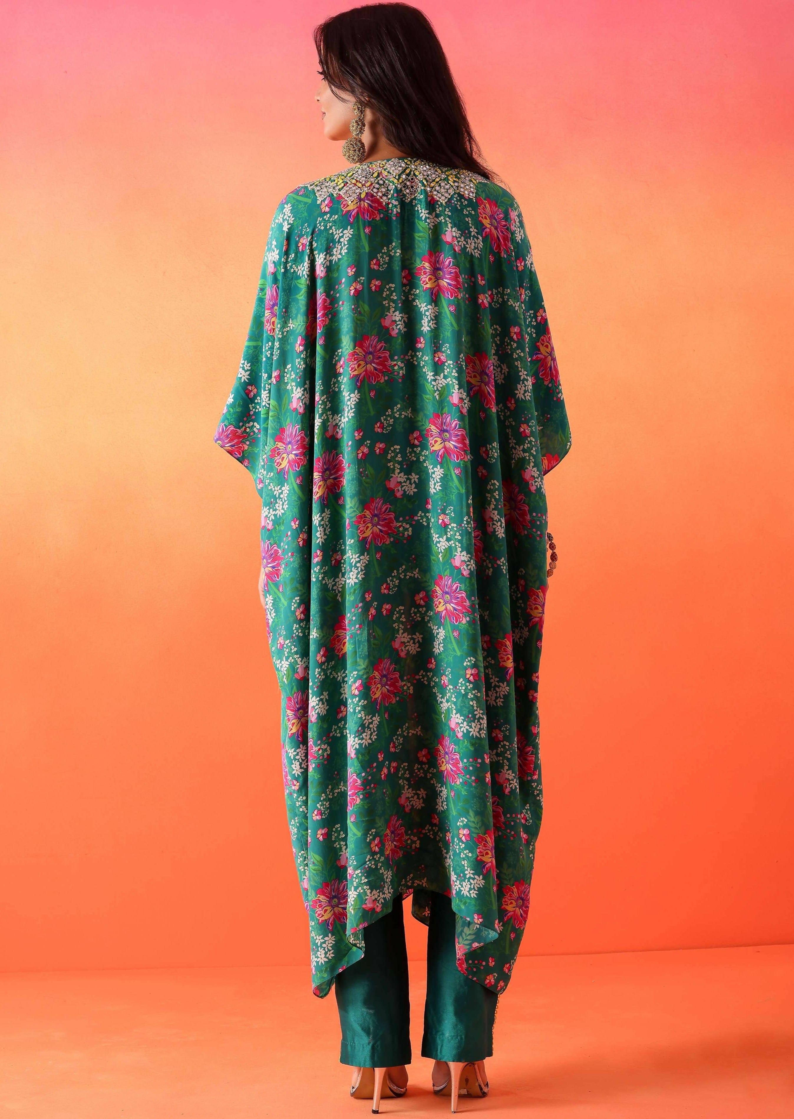 Emerald Green Floral Printed Kaftan with Pants