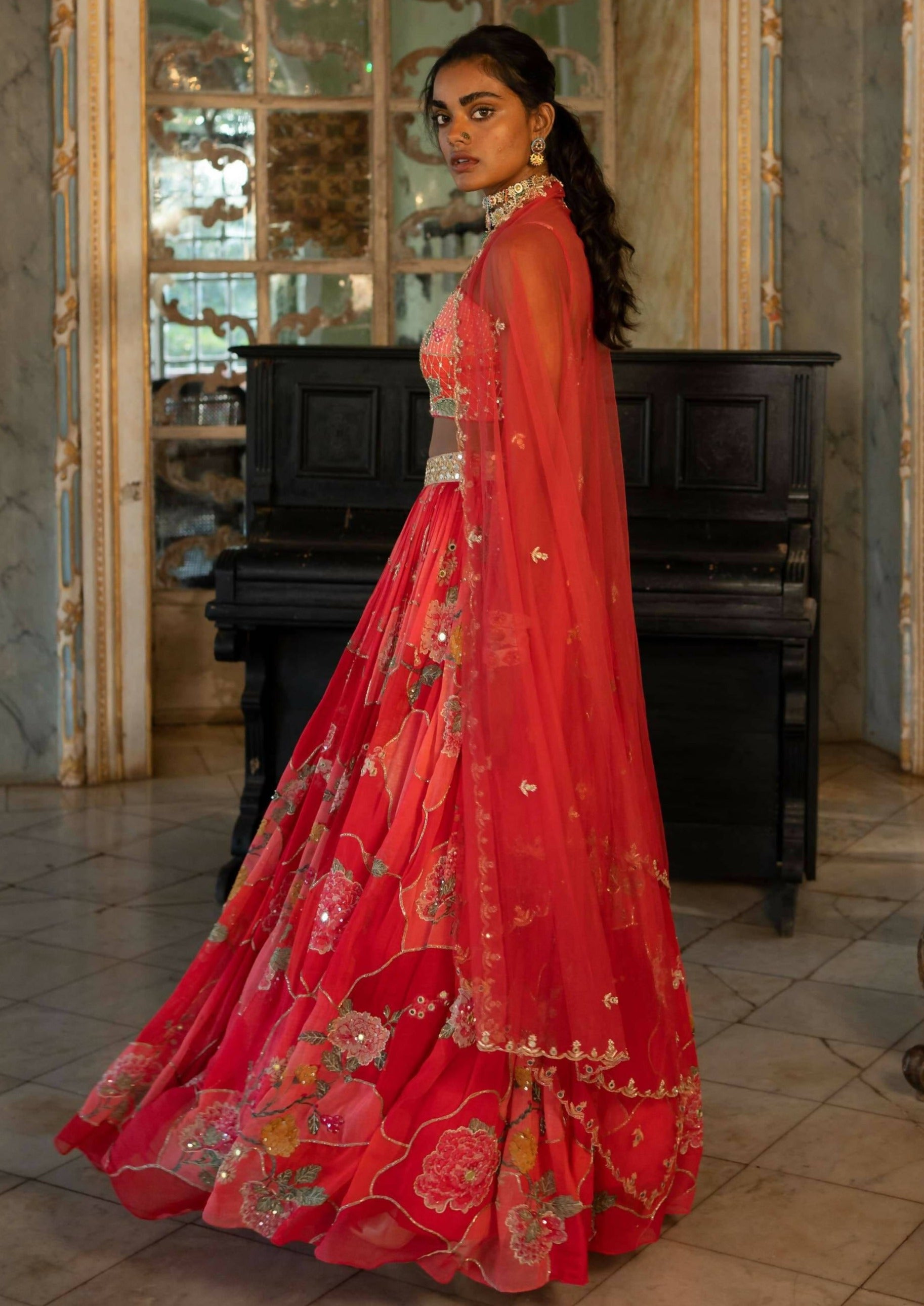 Red Nakhsa Printed Lehenga Set