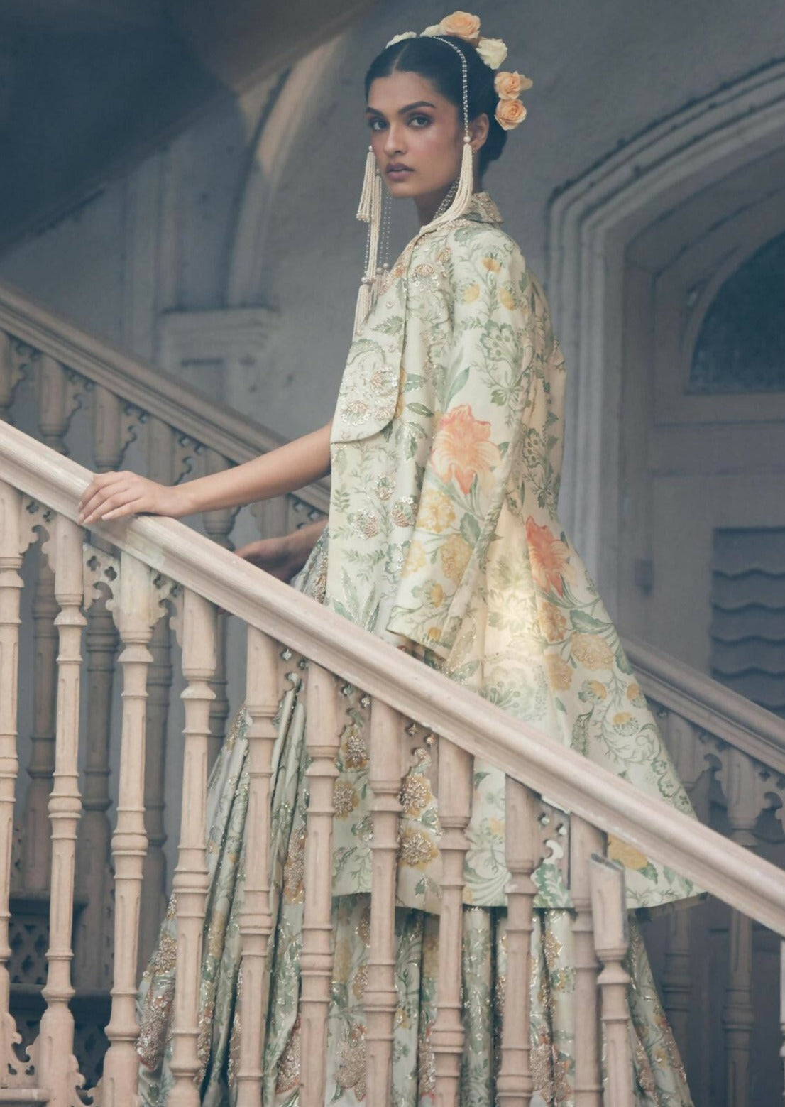 Ivory Orange Floral Anarkali with Long Jacket