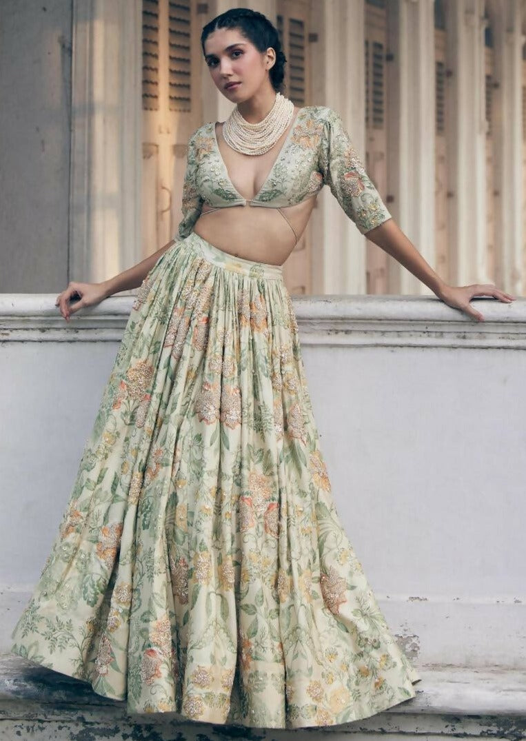Ivory Orange Floral Lehenga Set