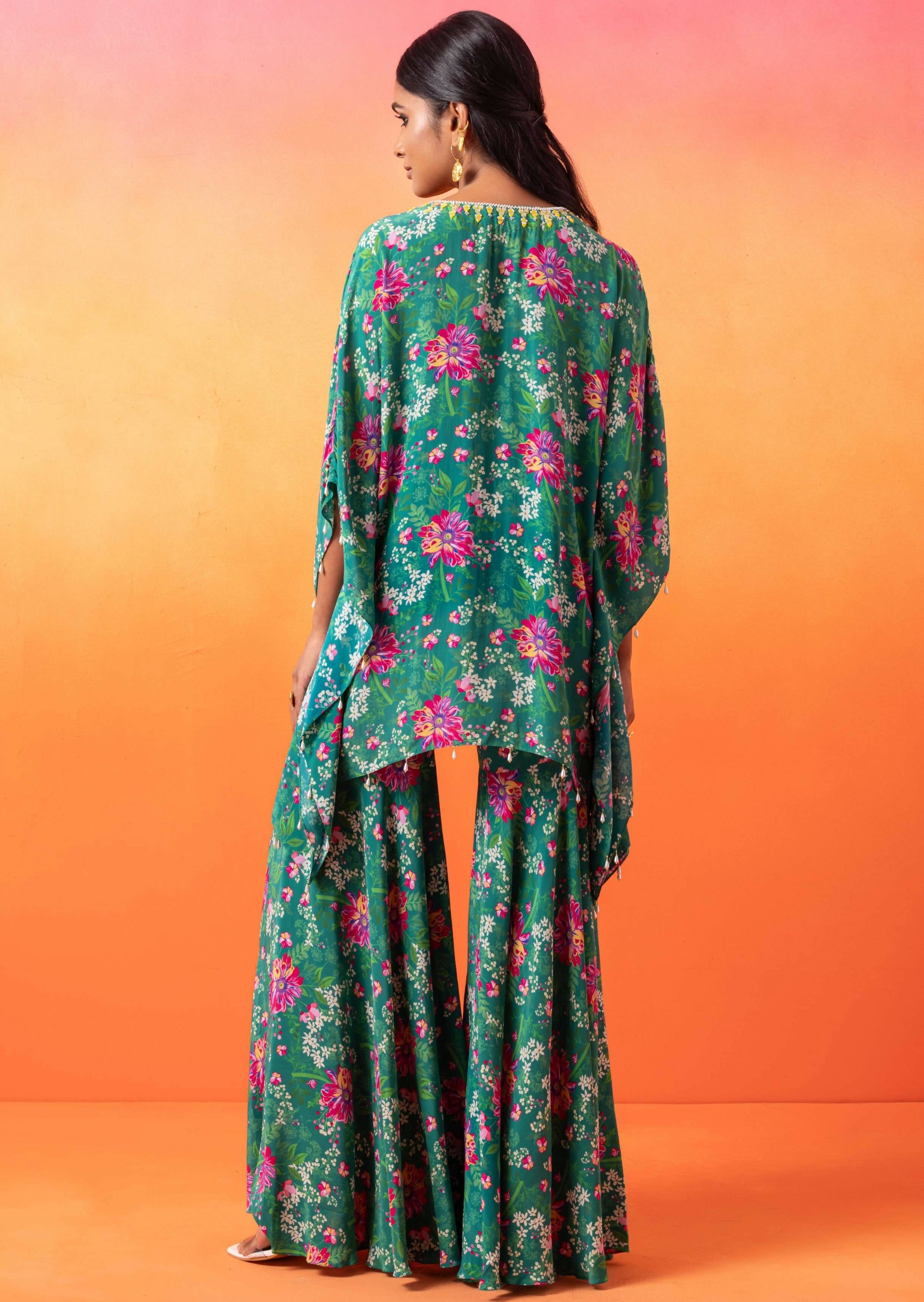 Emerald Green Floral Printed Kaftan with Gharara