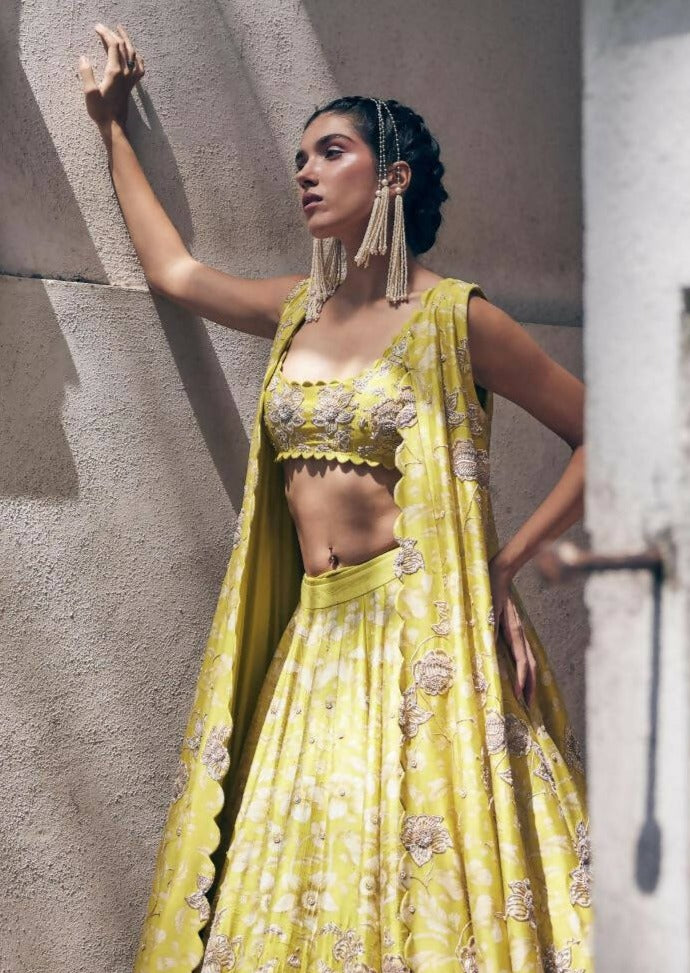 Lime Yellow Vintage Floral Lehenga Jacket Set
