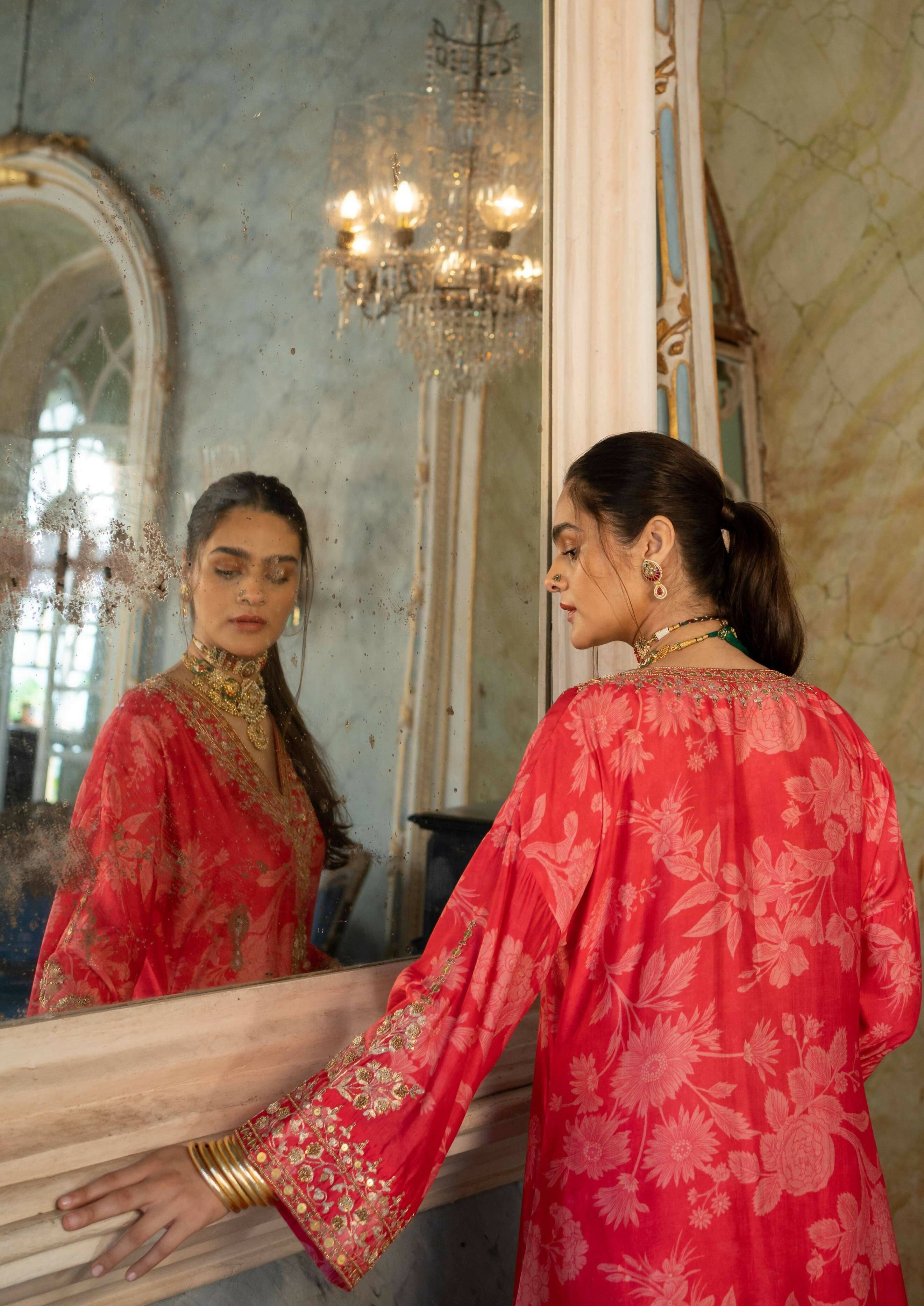 Red Mono Floral Kurta Set