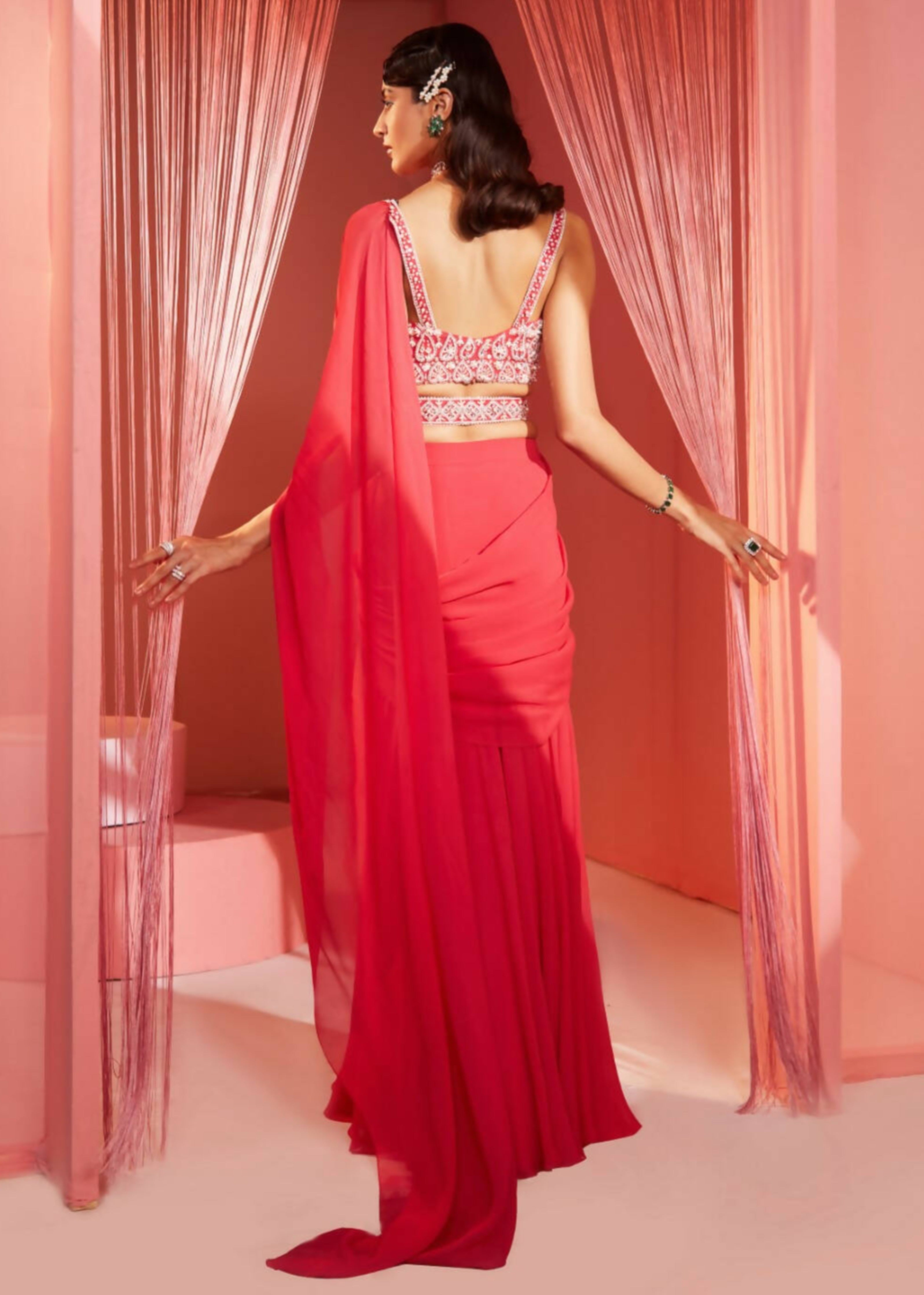 Coral Red Pre-Draped Sari