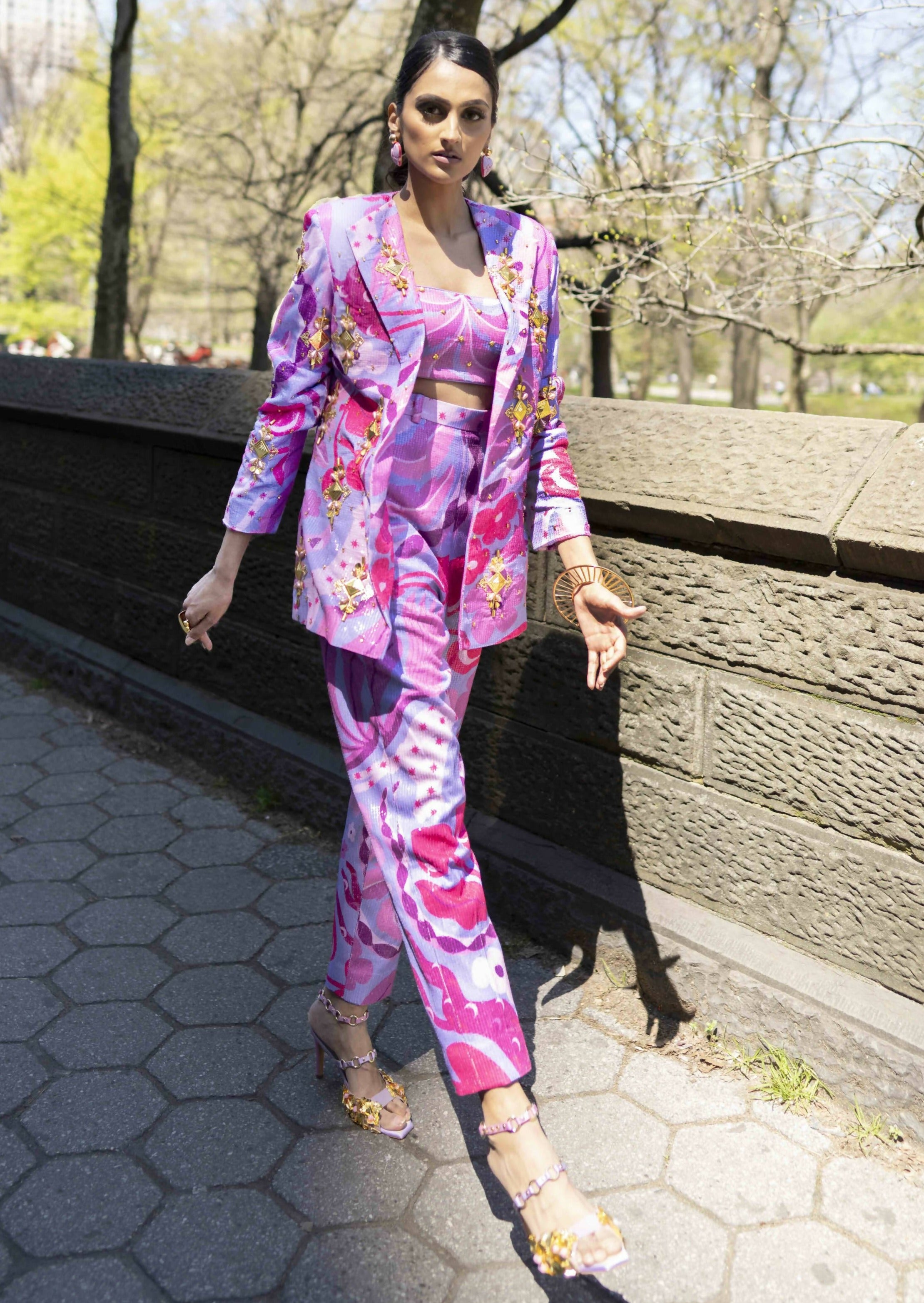 Living Coral: Lilac and Hot Pink Sequin Printed Pant Suit Set