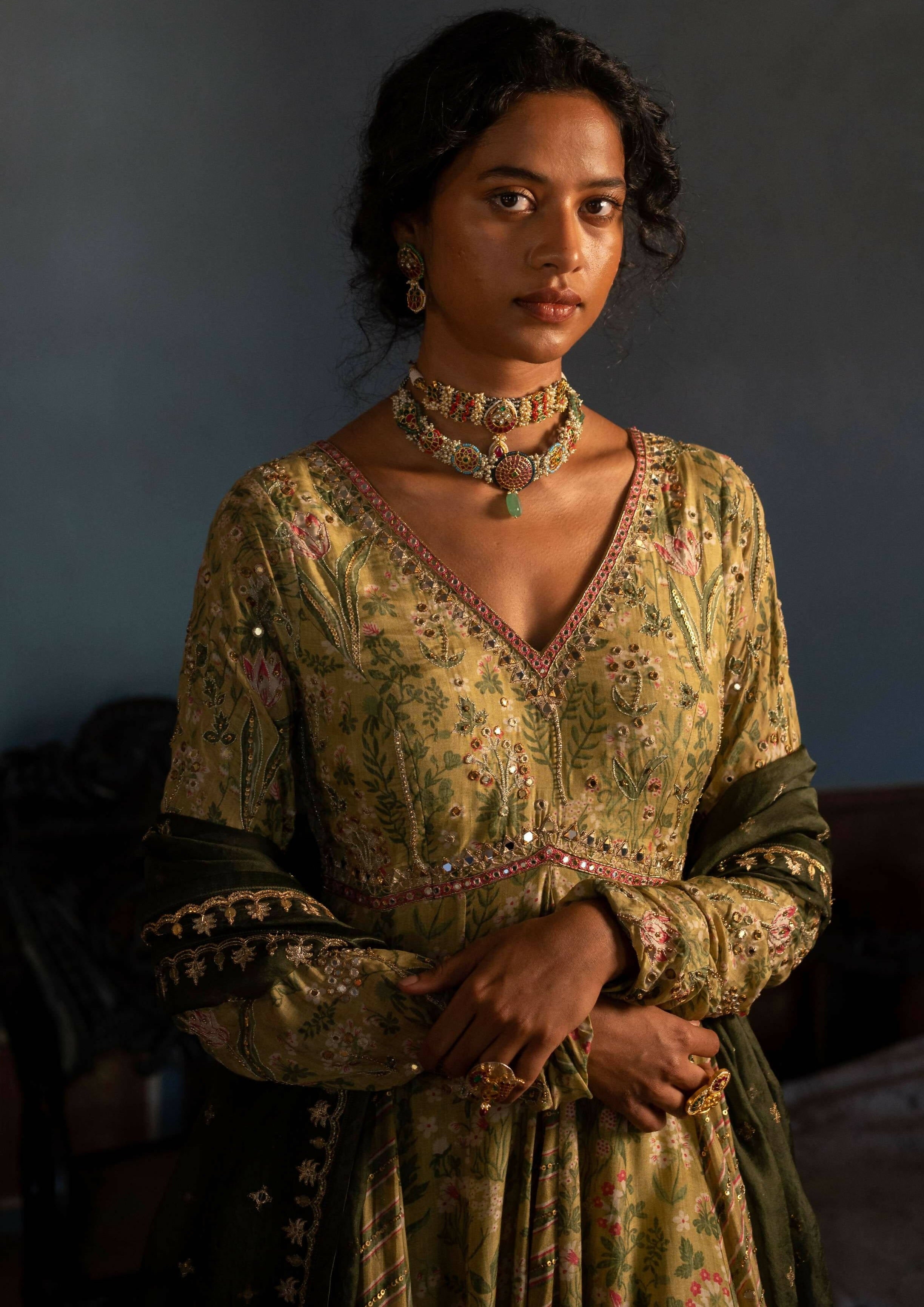 Sage Green Tropical Backless Anarkali Set