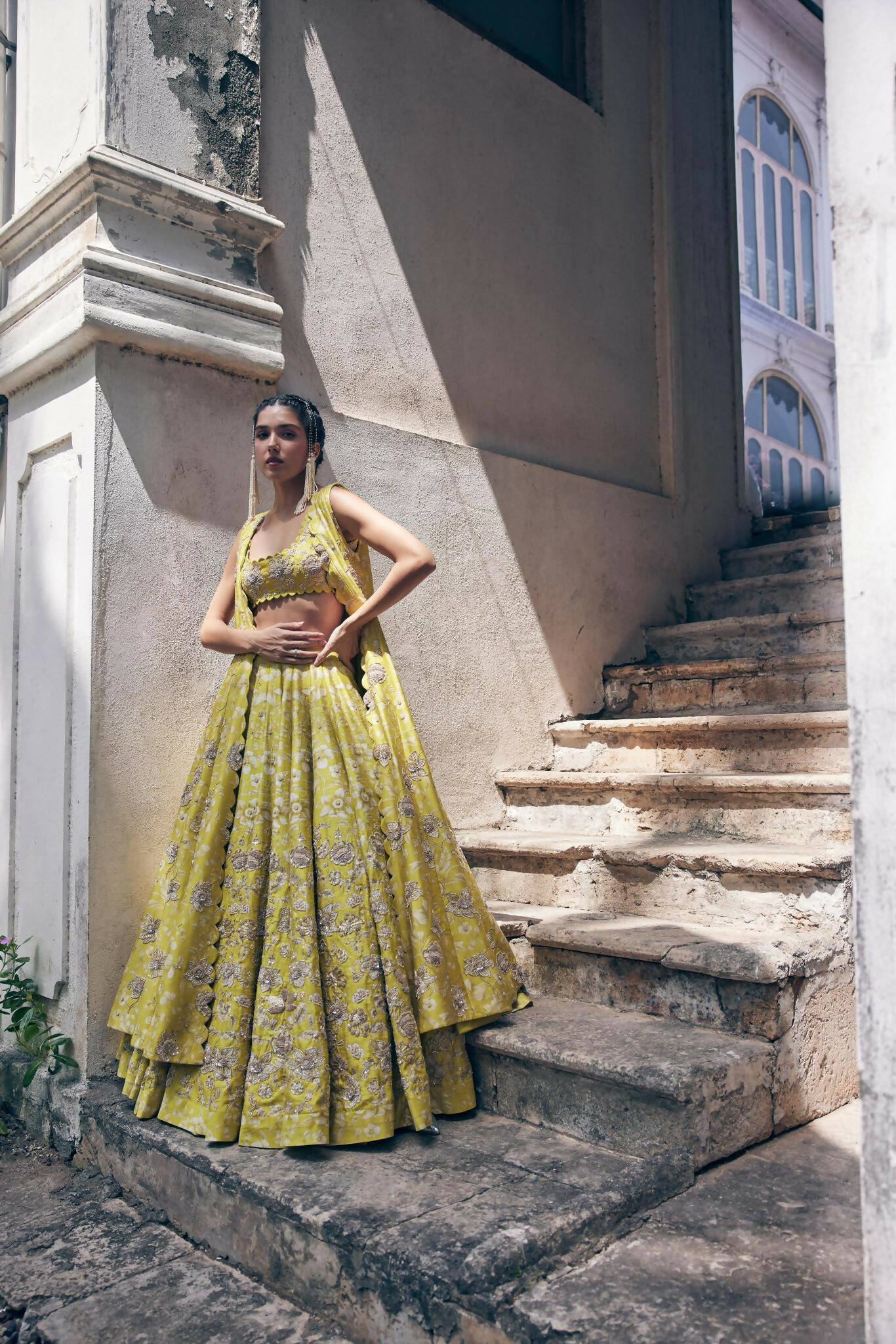 Lime Yellow Vintage Floral Lehenga Jacket Set