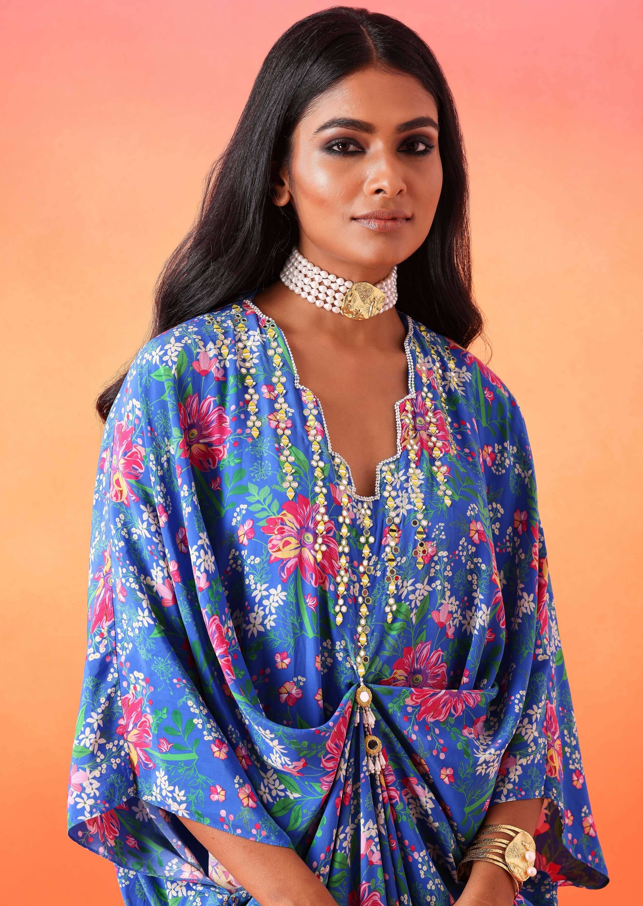 Electric Blue Floral Printed Kaftan