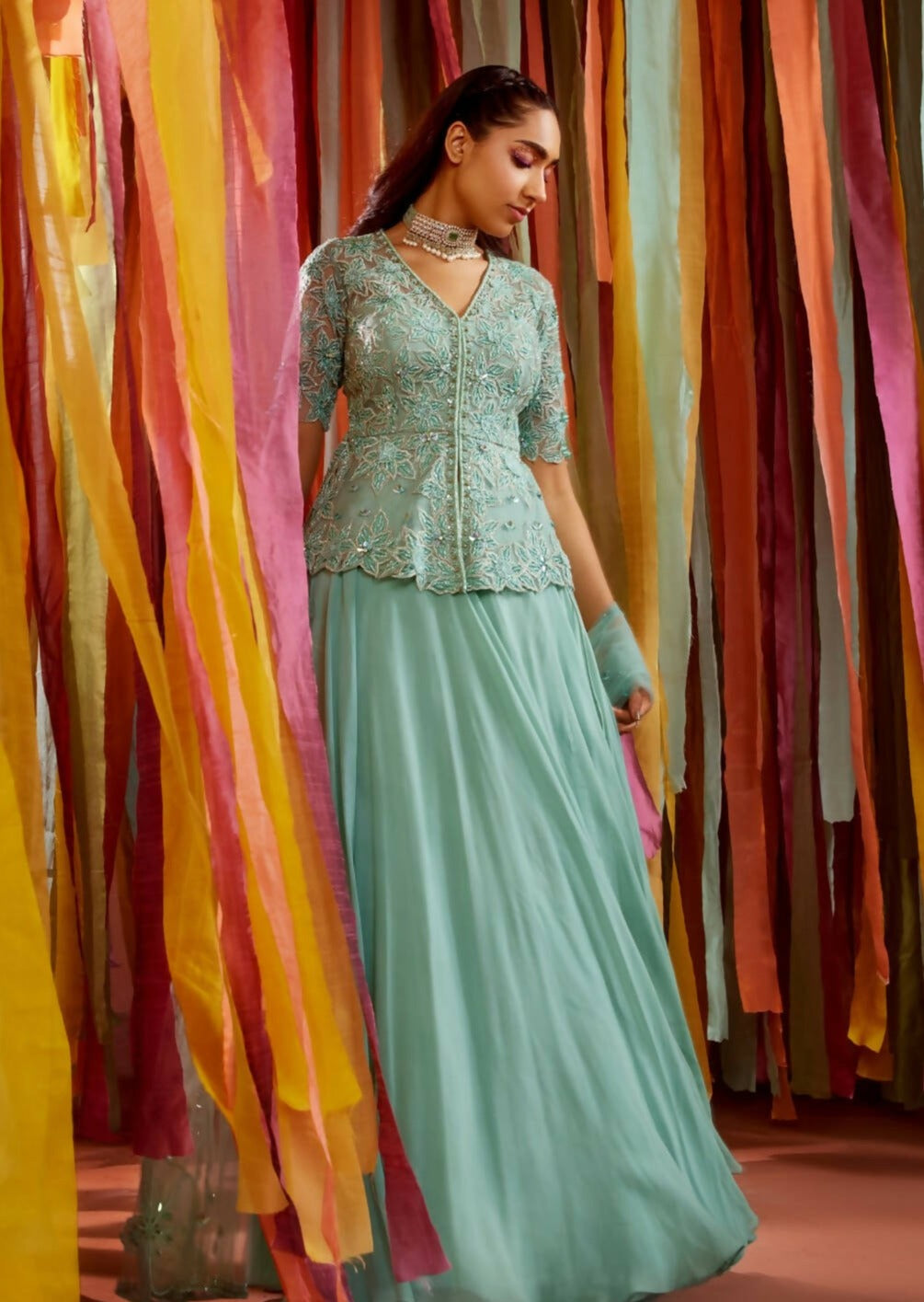 Mint Green Peplum and Skirt Set