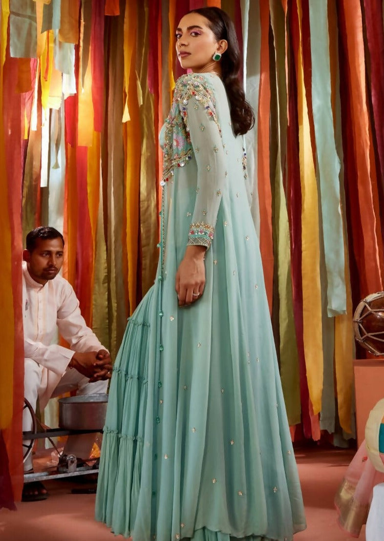 Mint Green Cape and Sharara Set with Cut-Out Bustier