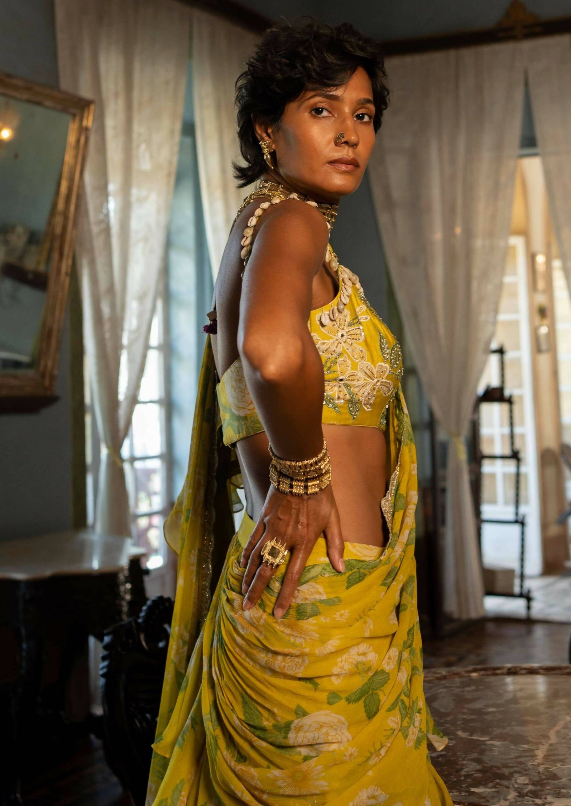 Yellow Mint Ruffle Sari Set