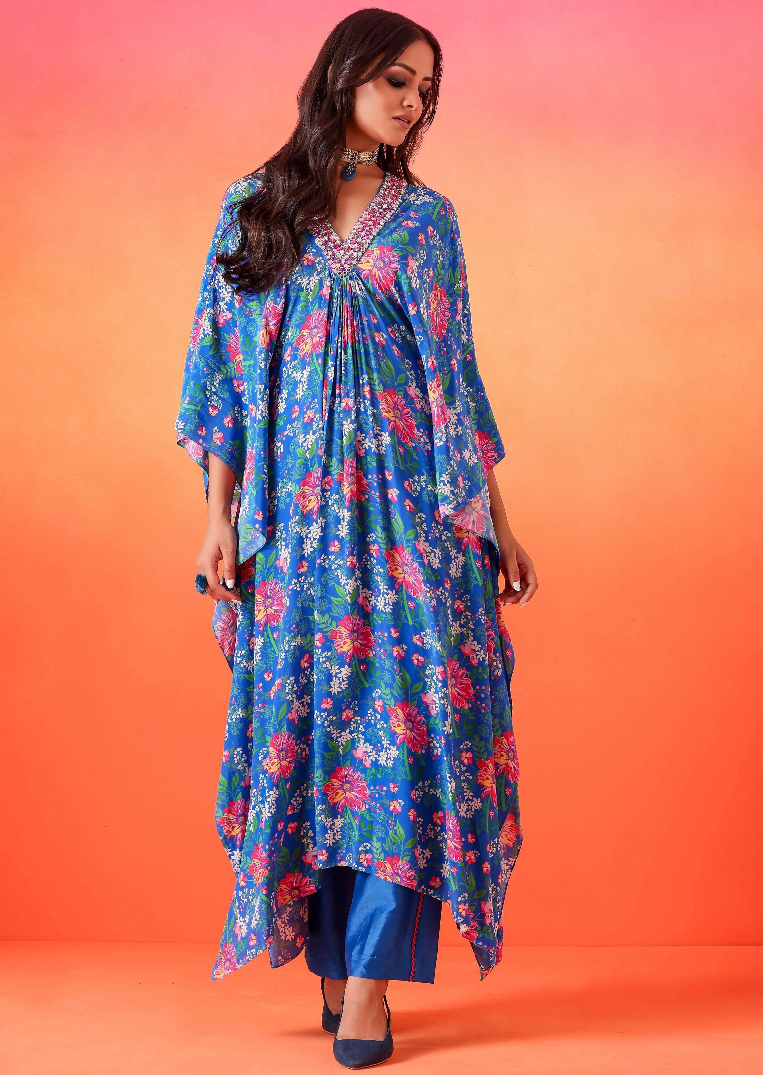 Electric Blue Floral Printed Kaftan with Pants