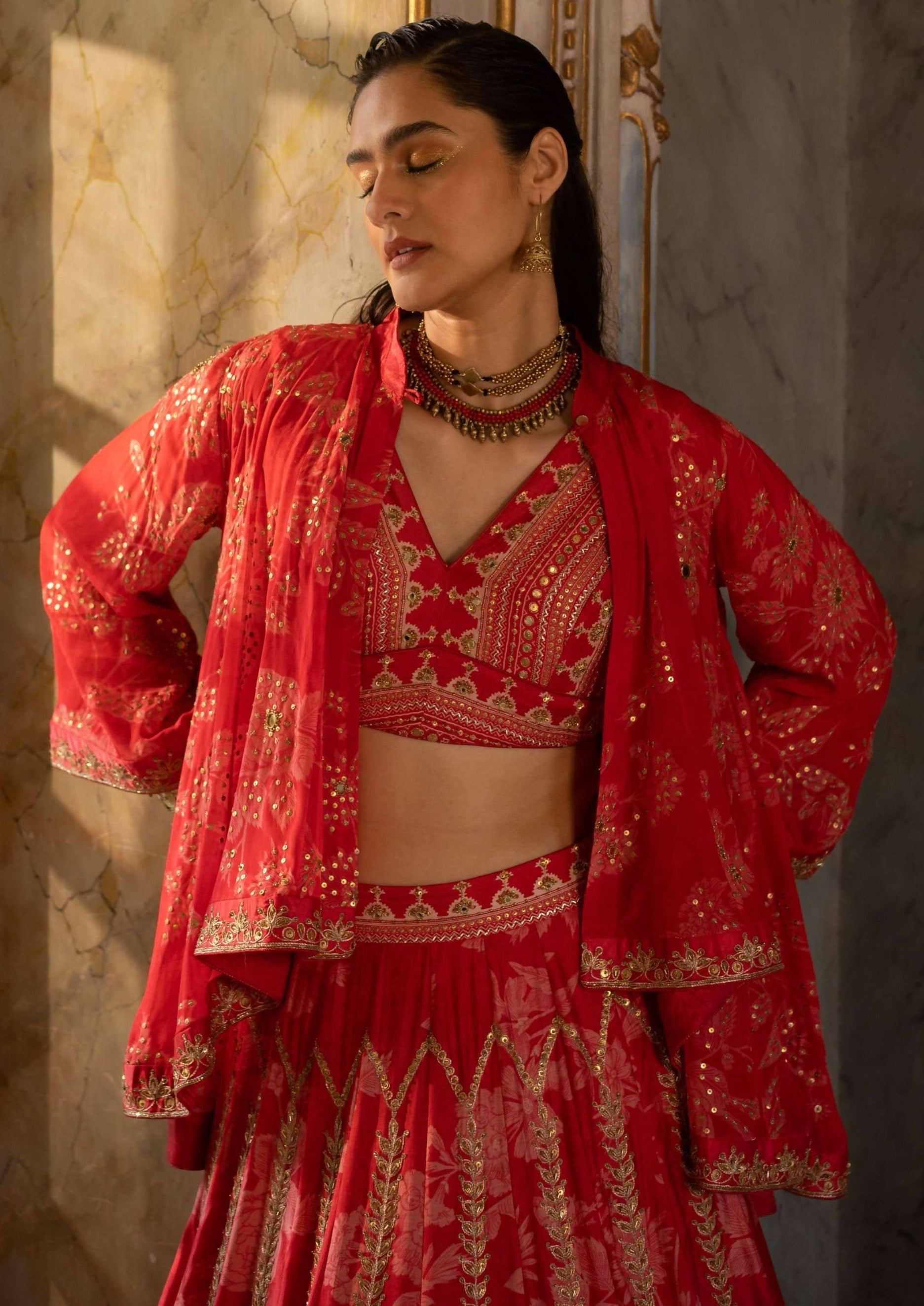 Red Mono Floral Lehenga Set