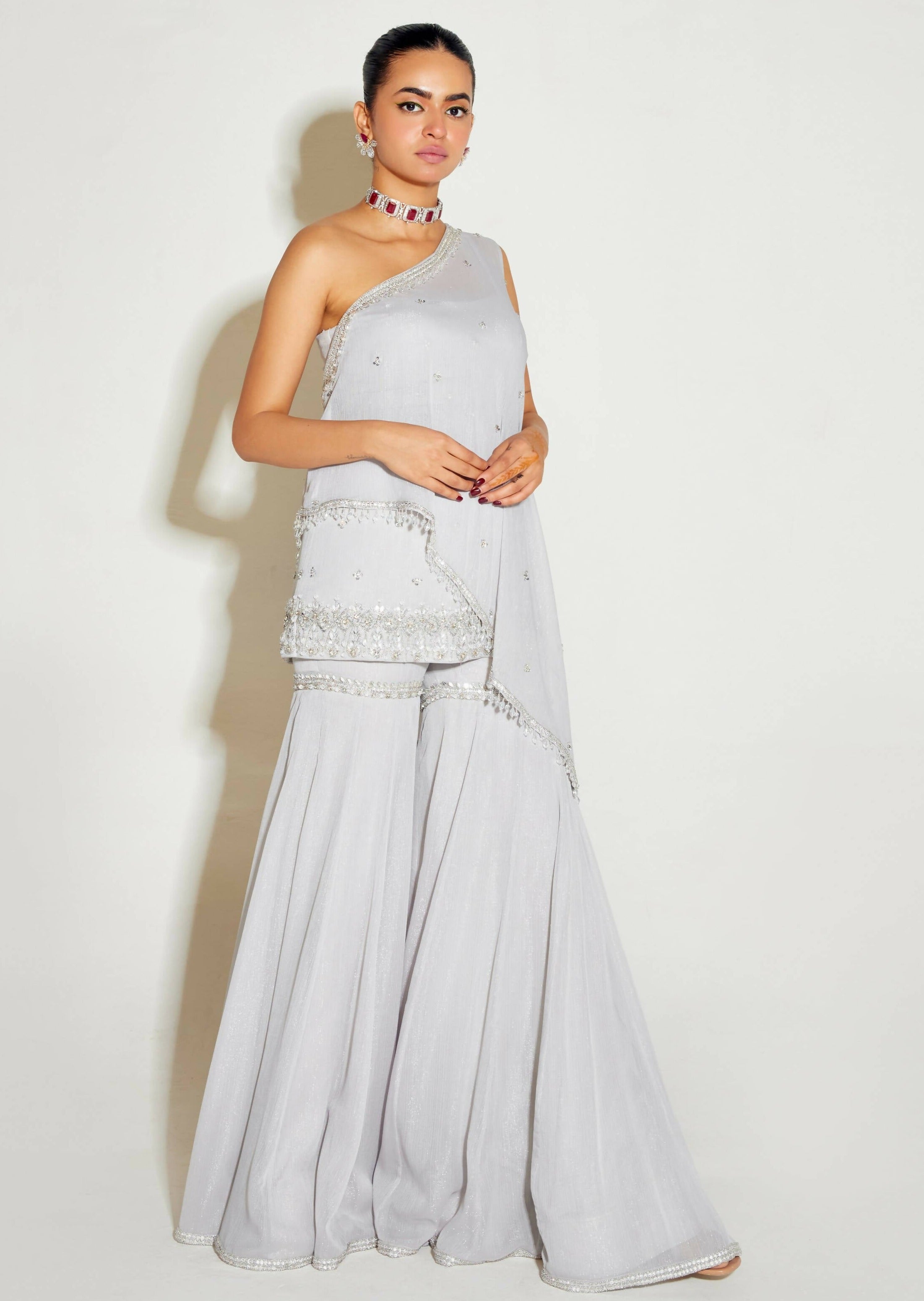 Grey One-Shoulder Cape and Sharara Set