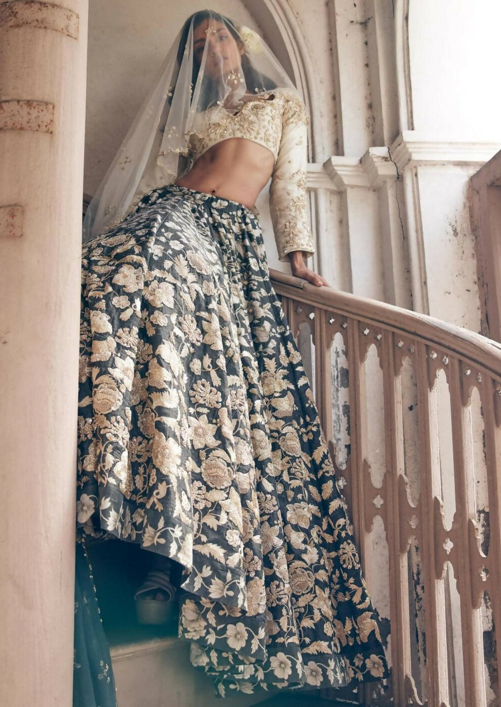 Black Vintage Floral Lehenga Set