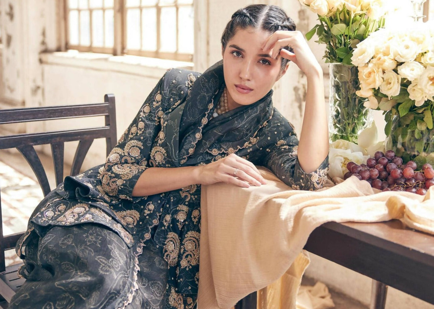Black Deer Printed Sari Set