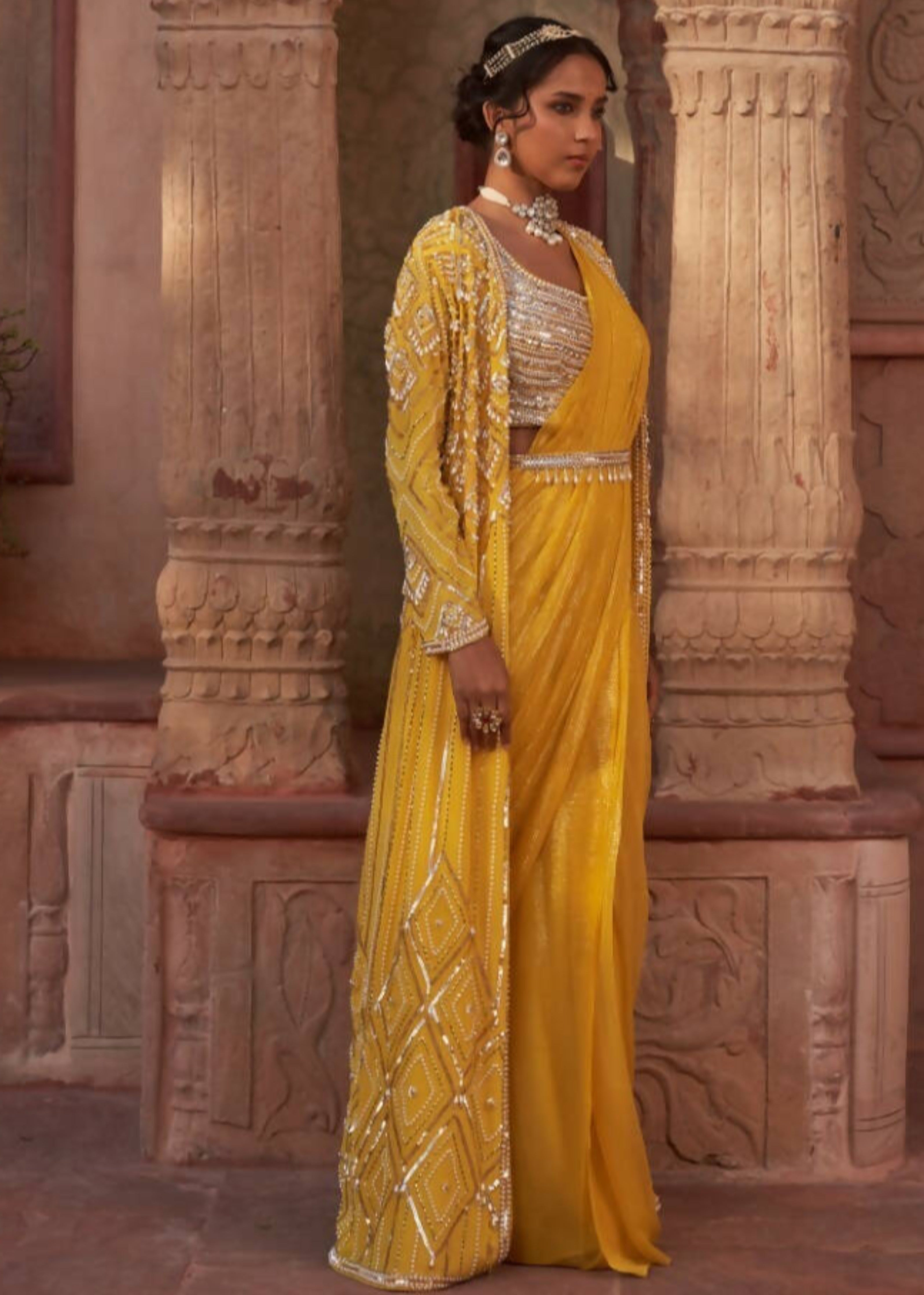 Yellow Subh Bela Cape Sari Set